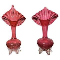 Quality pair of Used Victorian cranberry glass jack in the pulpit vases