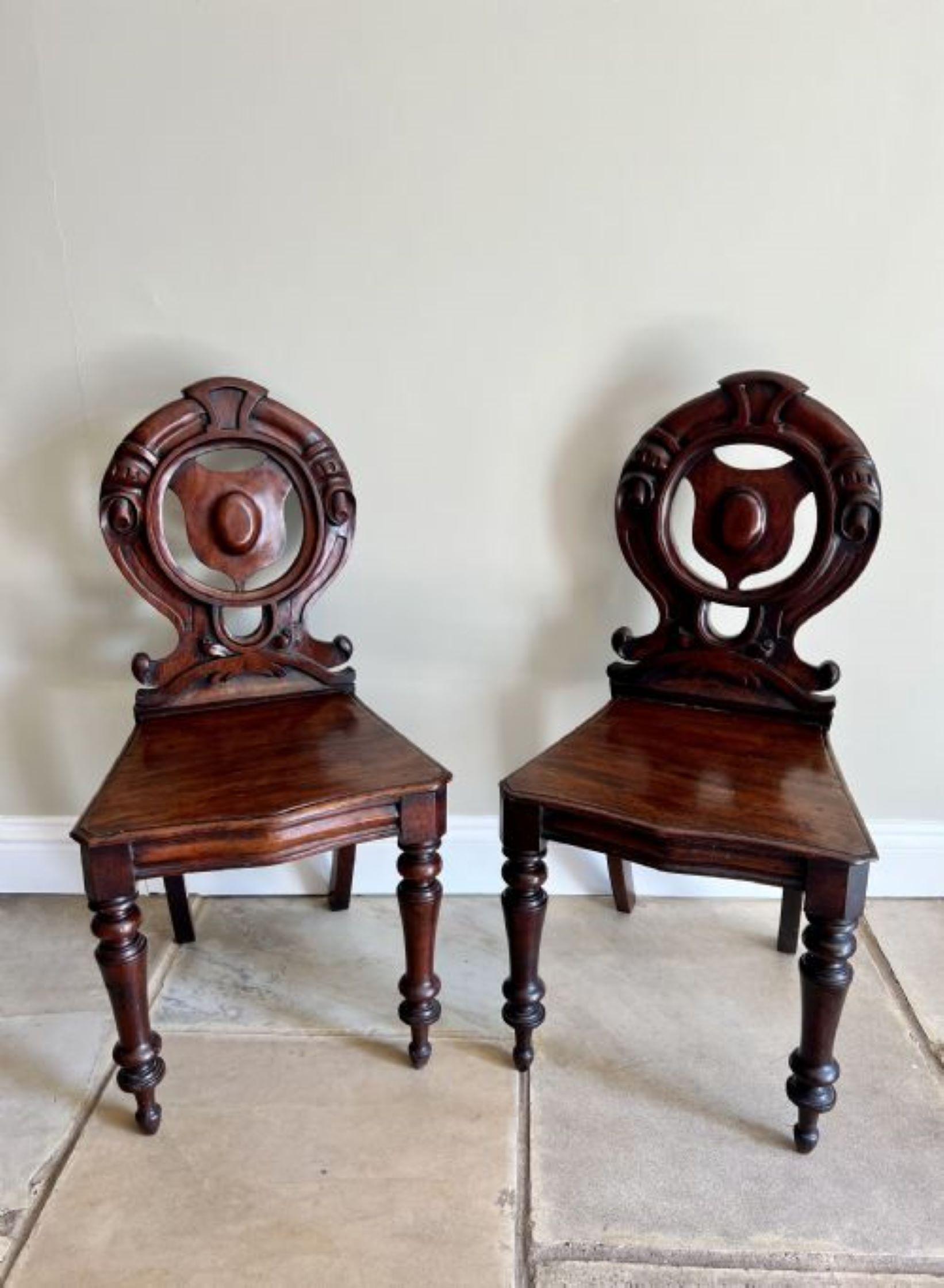Quality pair of antique Victorian quality carved mahogany hall chairs  For Sale 7