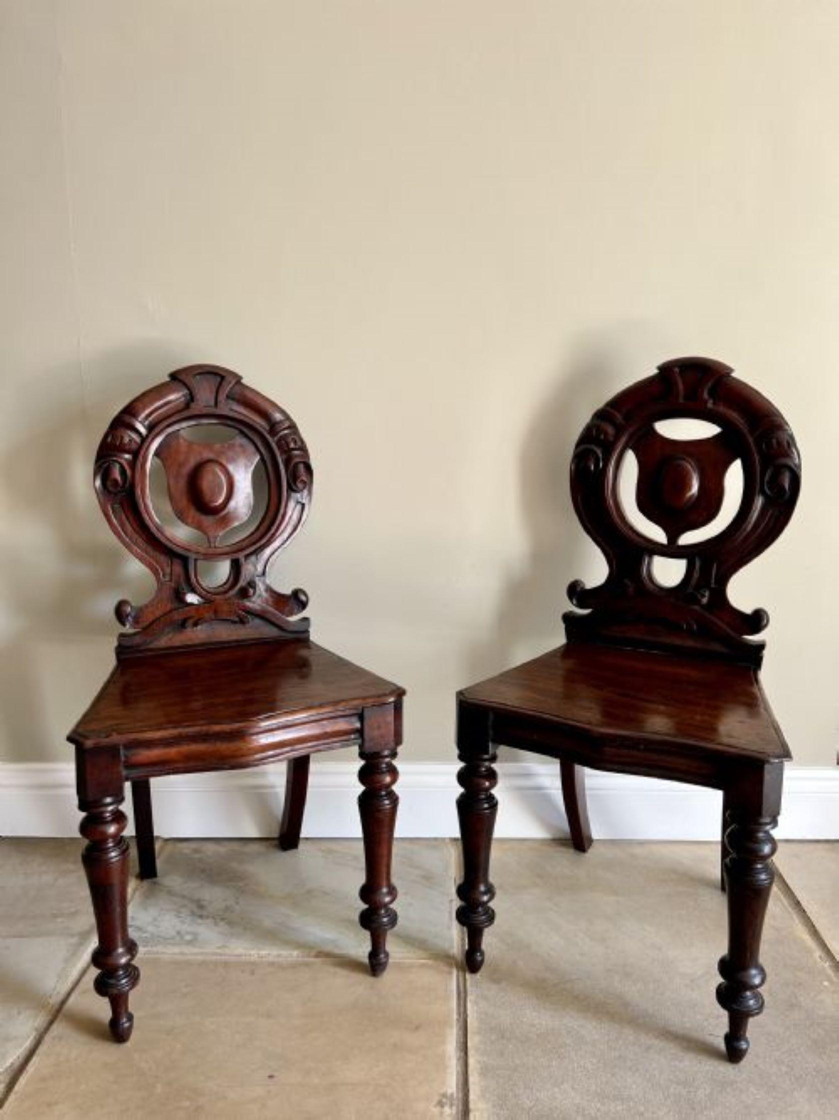 19th Century Quality pair of antique Victorian quality carved mahogany hall chairs  For Sale