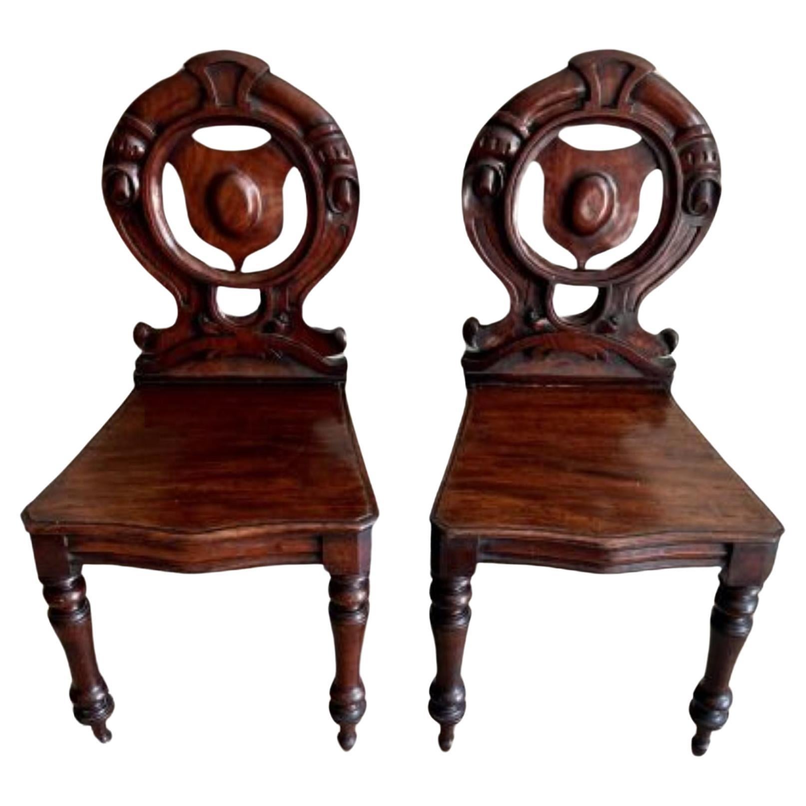 Quality pair of antique Victorian quality carved mahogany hall chairs  For Sale