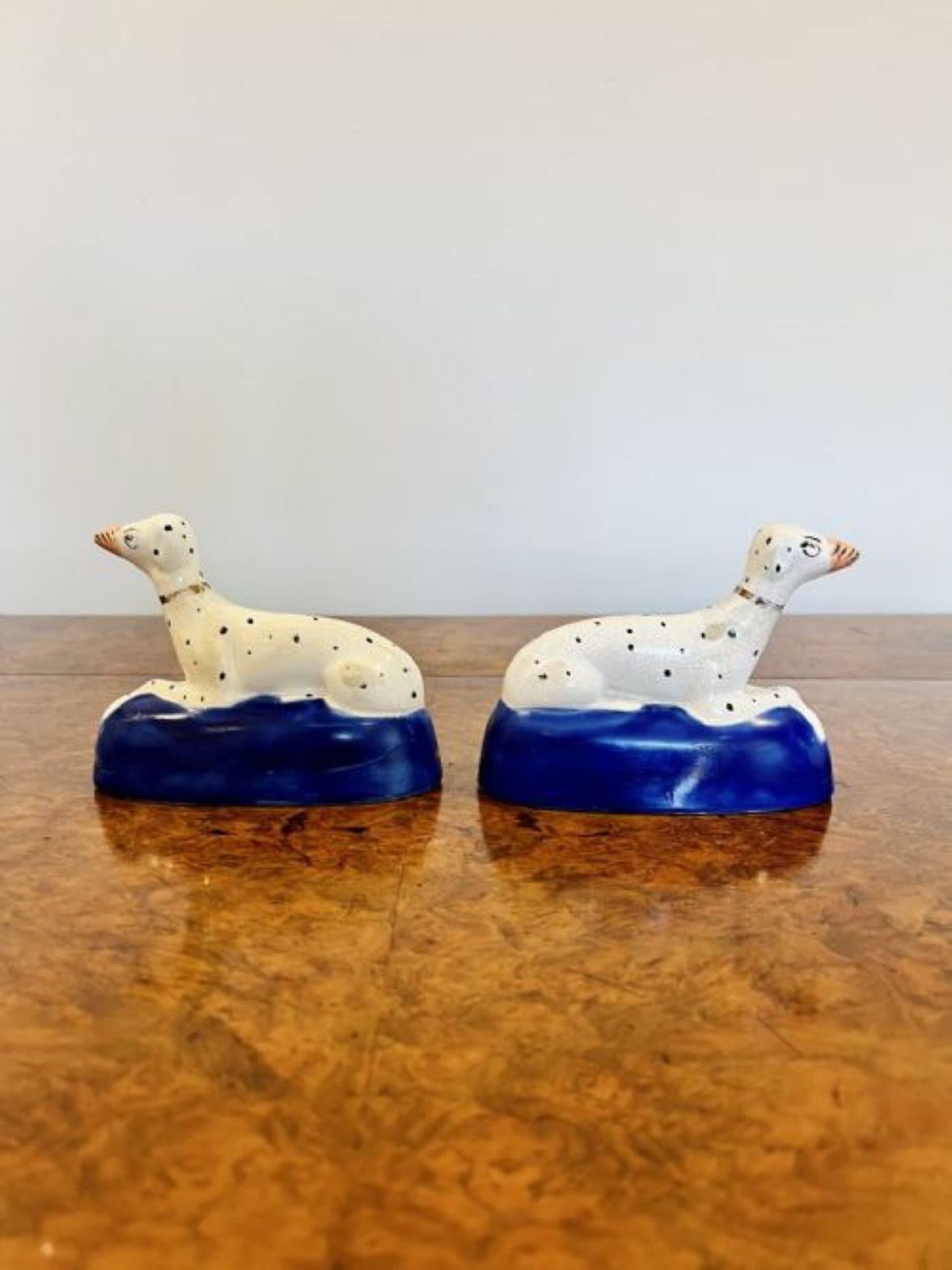 19th Century Quality pair of antique Victorian Staffordshire Dalmatian inkwells For Sale