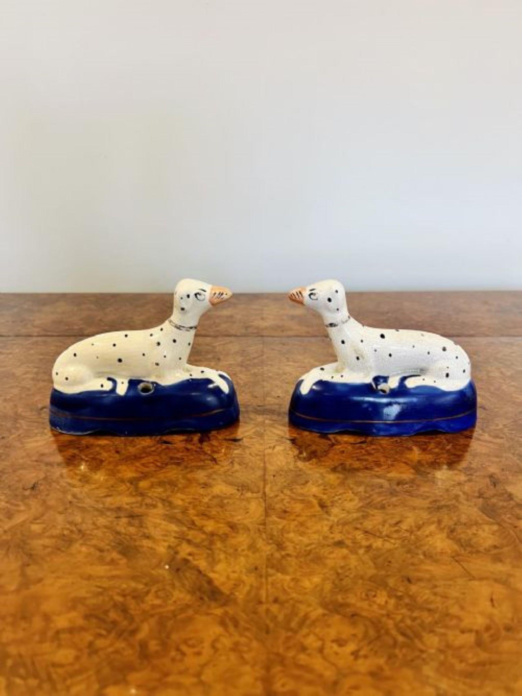 Ceramic Quality pair of antique Victorian Staffordshire Dalmatian inkwells For Sale