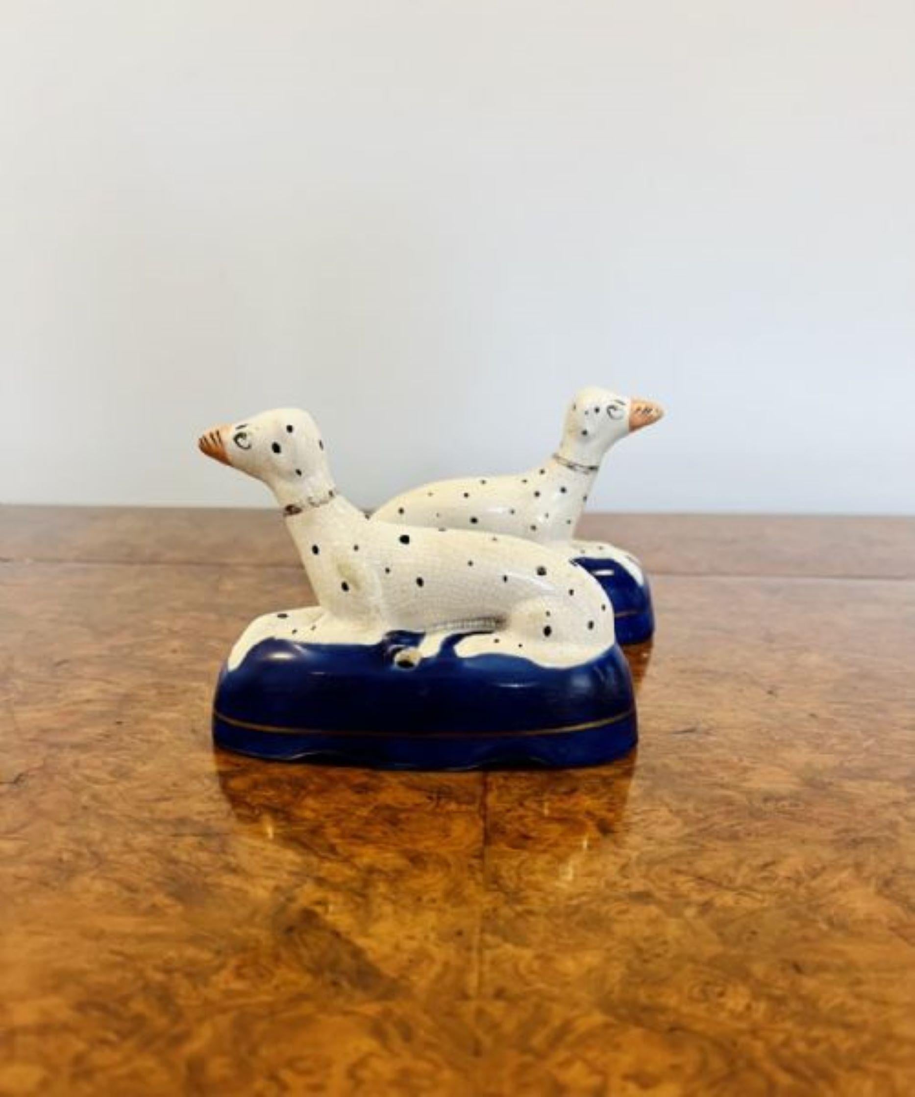 Quality pair of antique Victorian Staffordshire Dalmatian inkwells For Sale 1