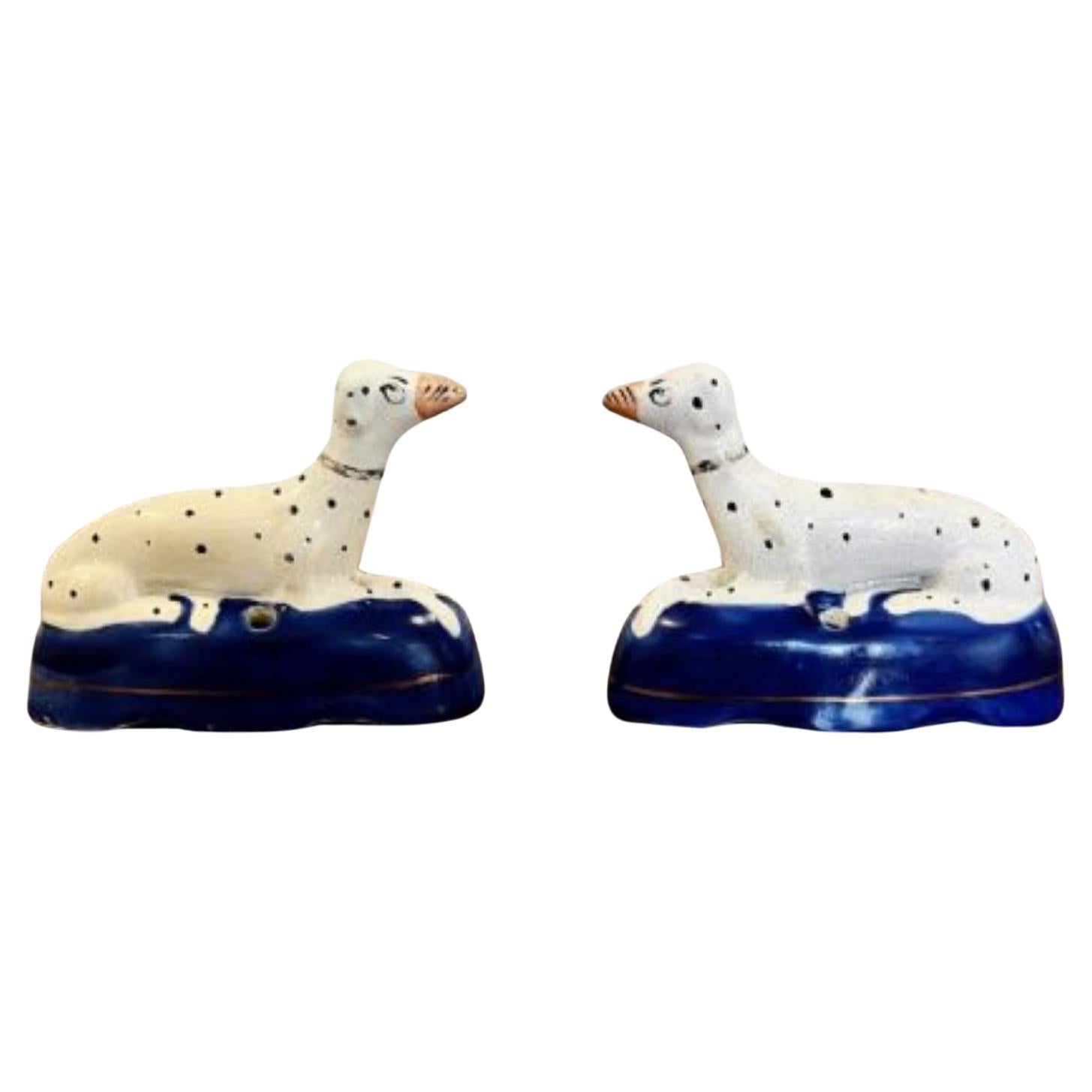 Quality pair of antique Victorian Staffordshire Dalmatian inkwells For Sale