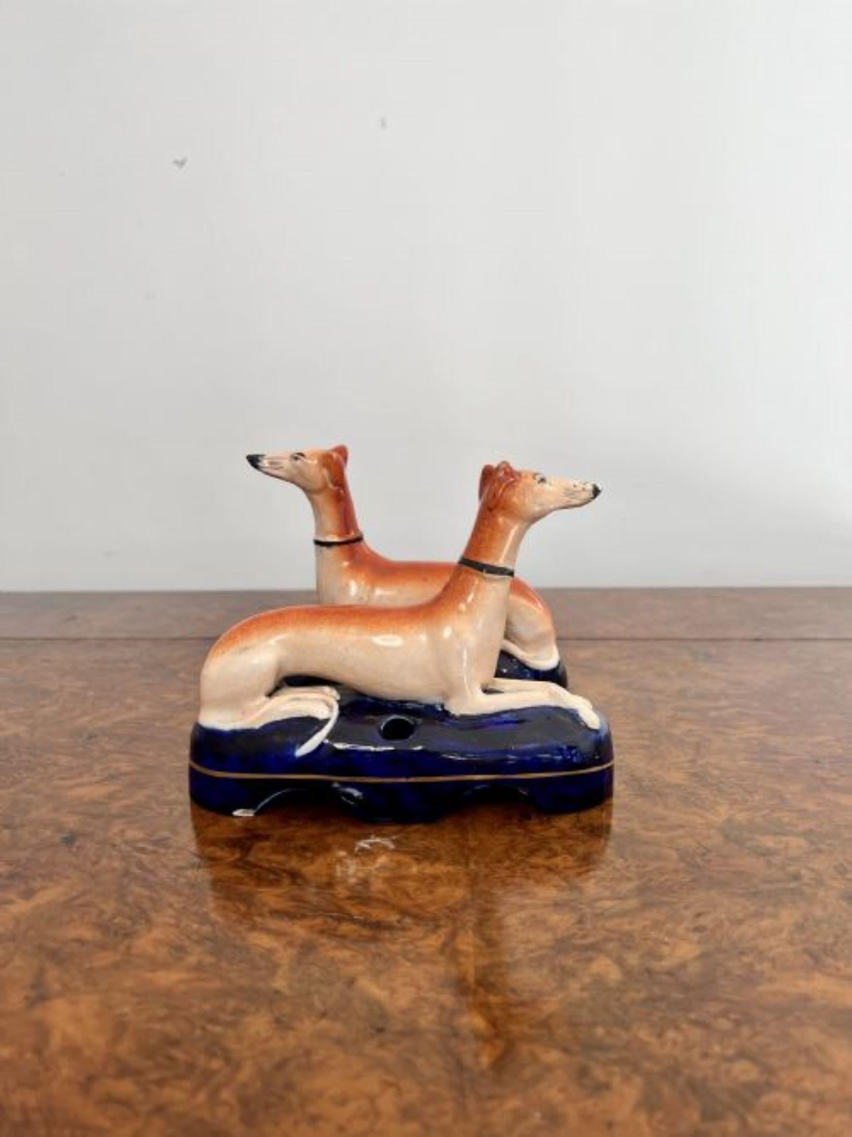 Quality pair of antique Victorian Staffordshire greyhound inkwells In Good Condition In Ipswich, GB