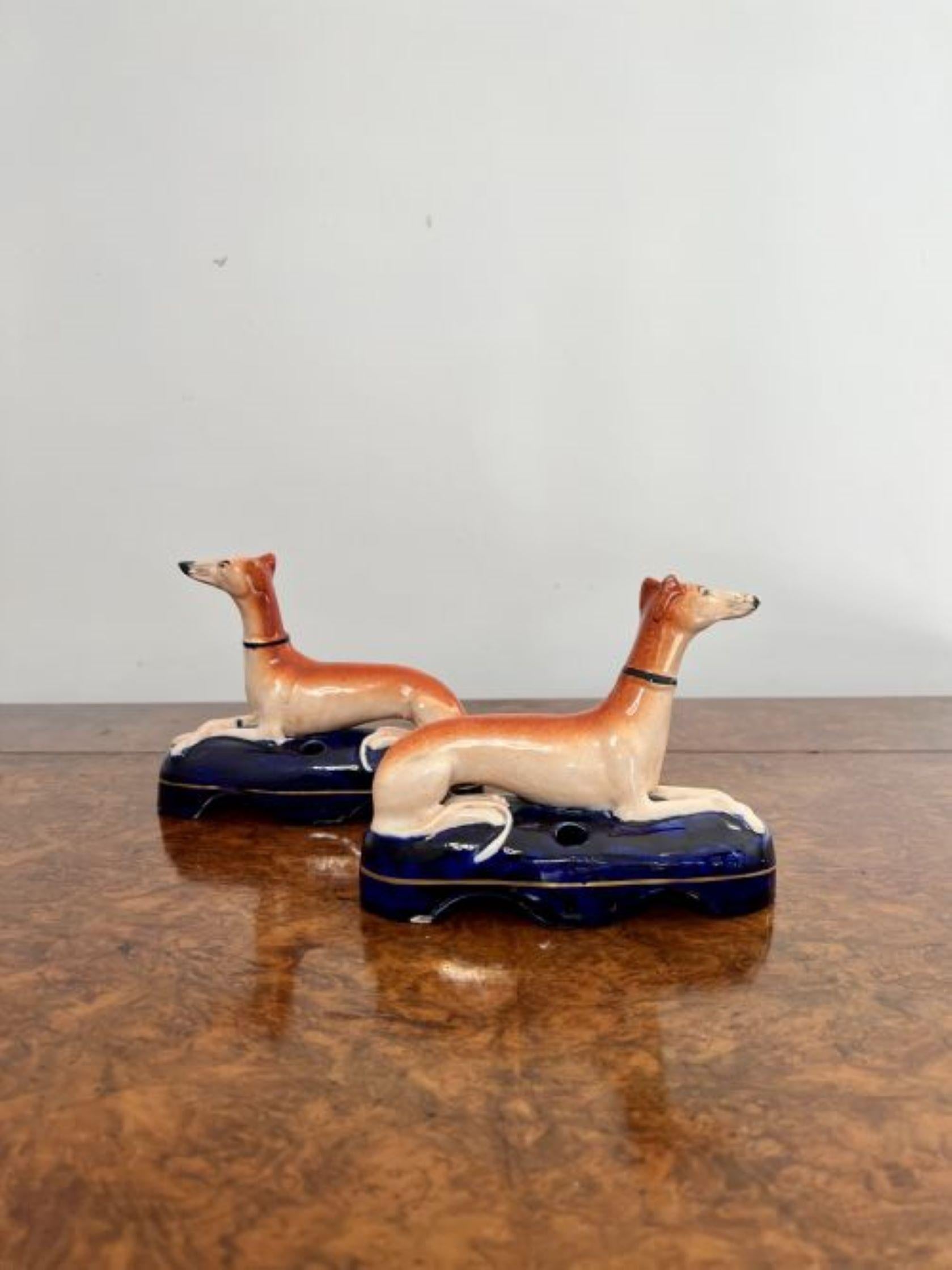19th Century Quality pair of antique Victorian Staffordshire greyhound inkwells