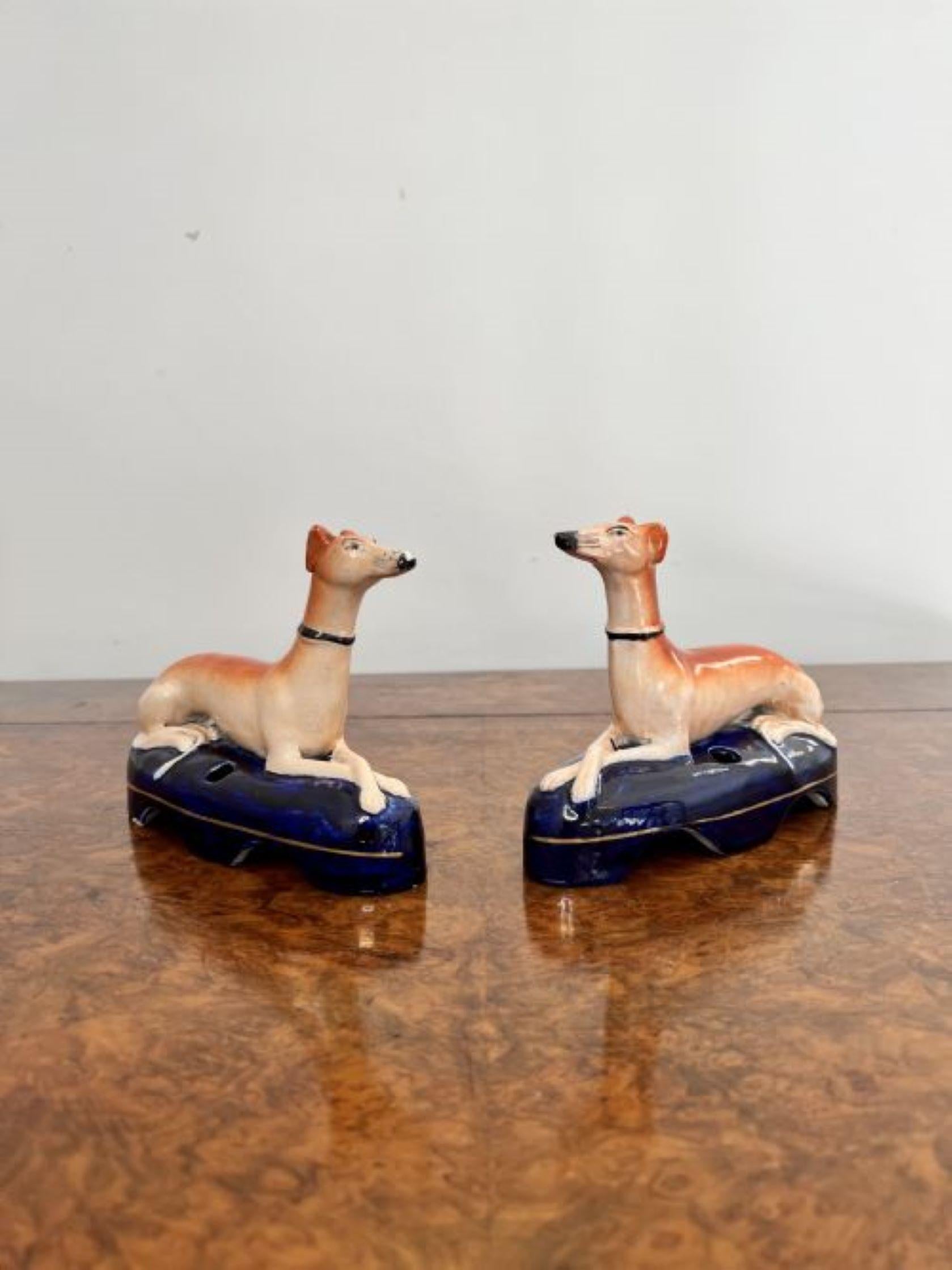 Ceramic Quality pair of antique Victorian Staffordshire greyhound inkwells