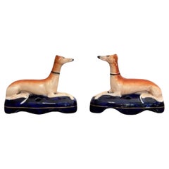 Quality pair of antique Victorian Staffordshire greyhound inkwells