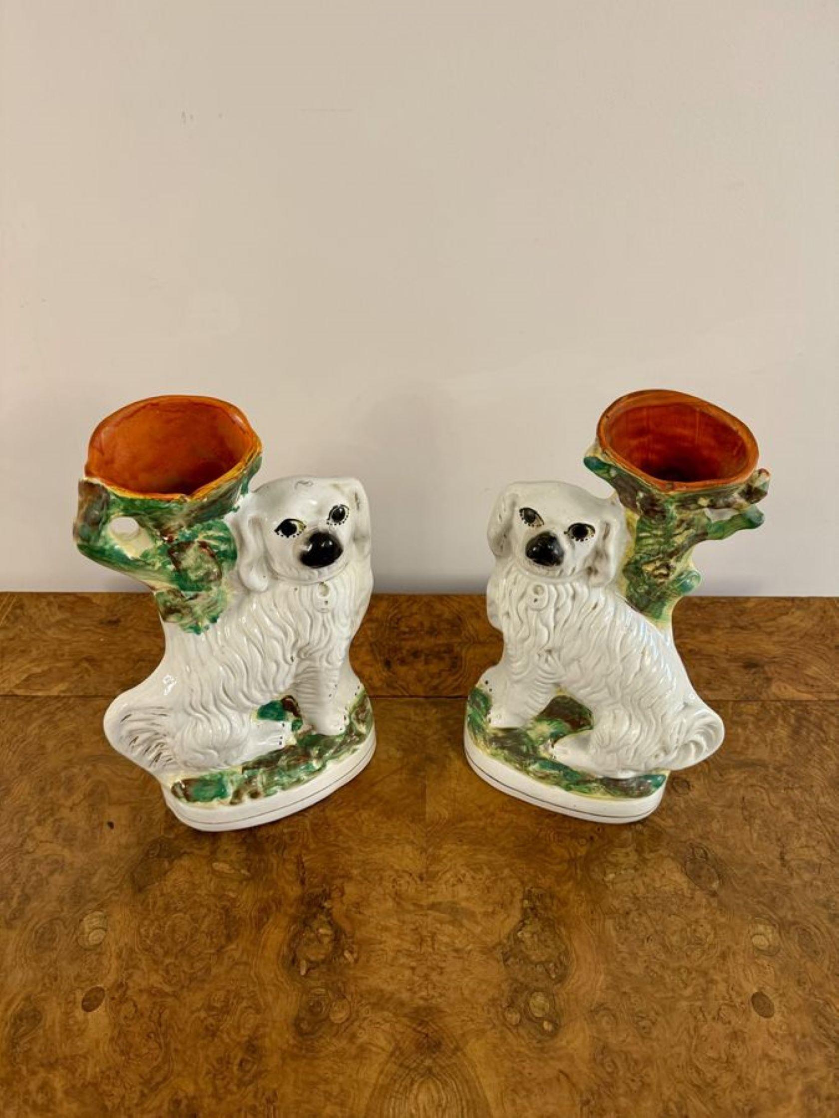 Early Victorian Quality pair of antique Victorian Staffordshire spaniel spill vases For Sale
