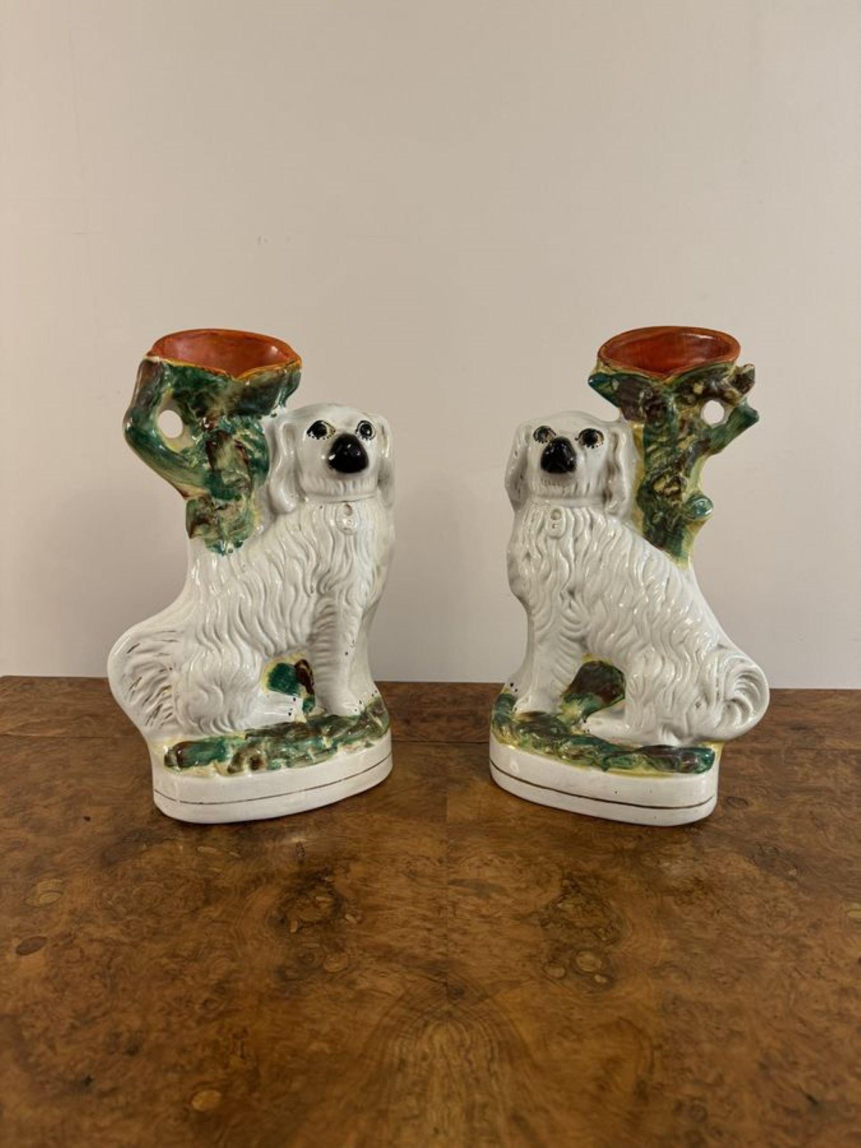 19th Century Quality pair of antique Victorian Staffordshire spaniel spill vases For Sale