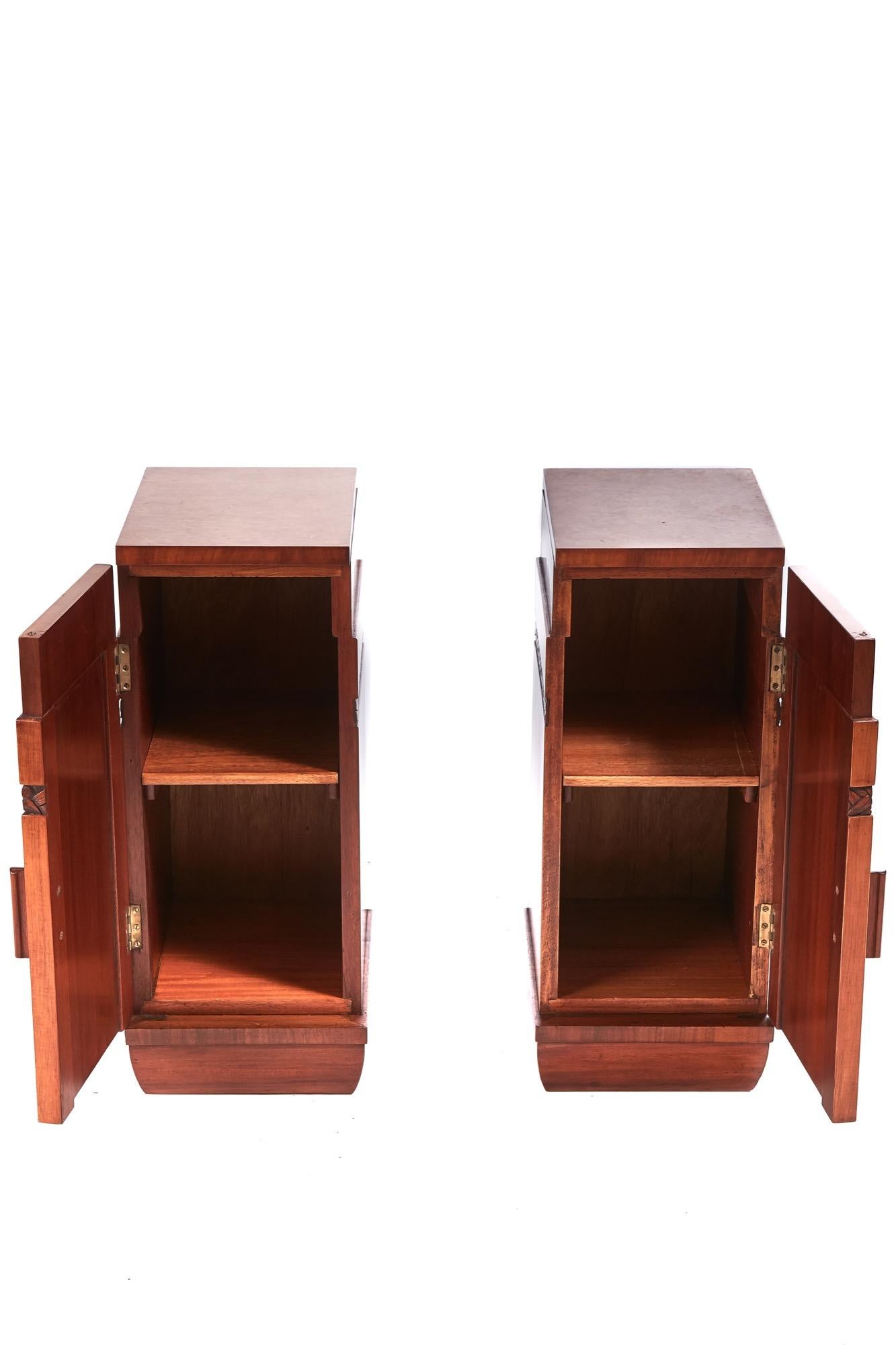 Quality pair of Art Deco bird’s-eye maple bedside cabinets having fantastic bird’s-eye maple tops, long single door banded with unusual carvings. Fitted interior, original handles standing on a plinth base.
Fantastic color and condition
Measures: