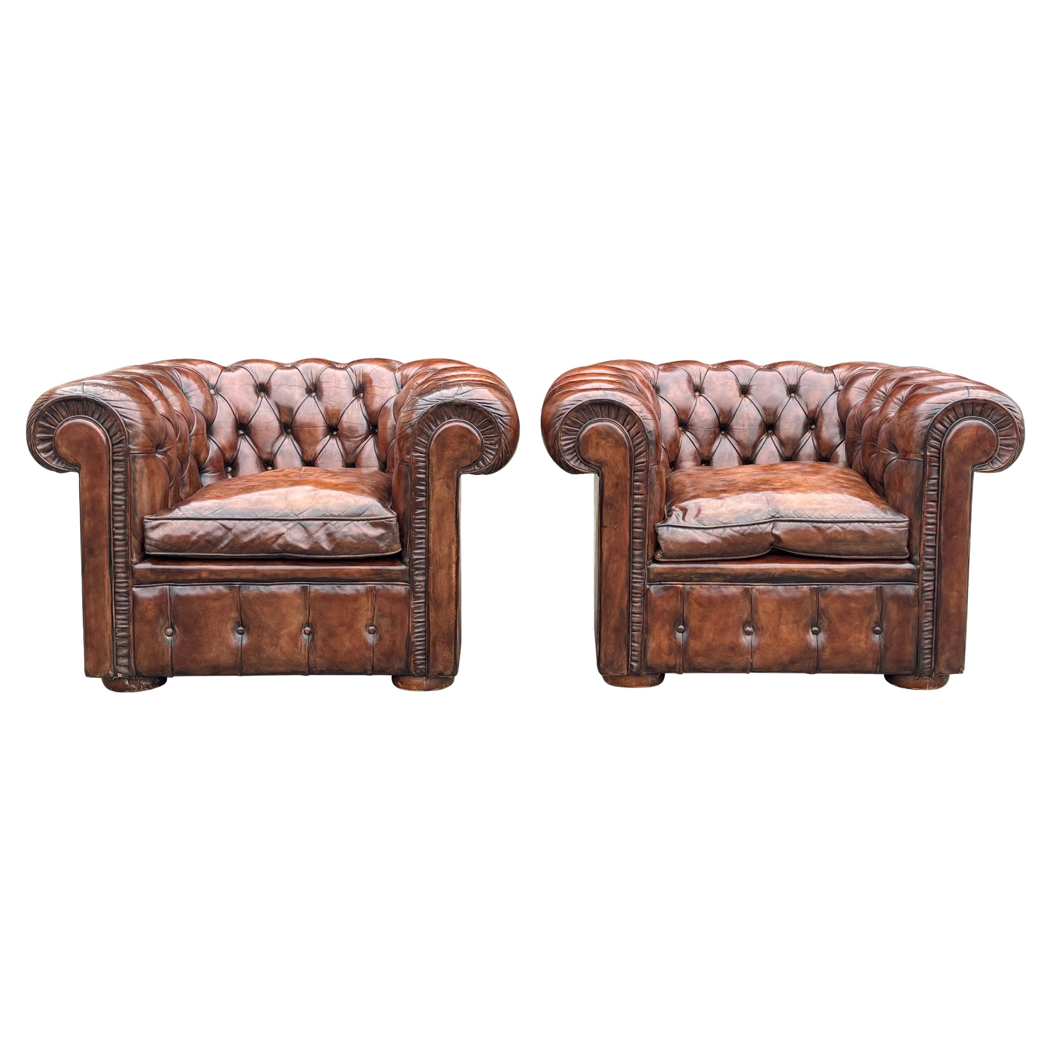 Quality Pair of Brown Leather Chesterfield Club Armchairs