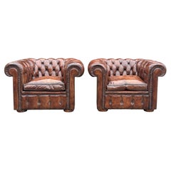 Quality Pair of Brown Leather Chesterfield Club Armchairs