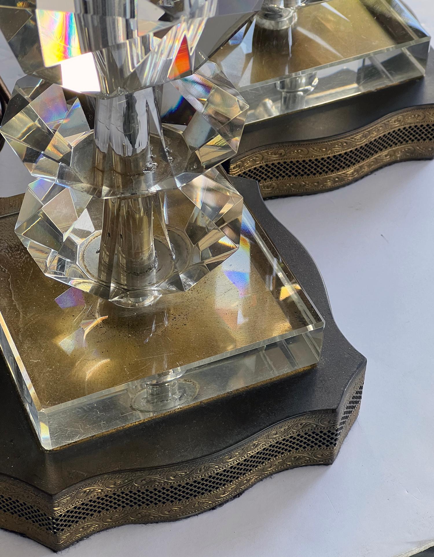 Quality Pair of French 1950's Stacked Crystal Boudoir Lamps In Good Condition For Sale In San Francisco, CA