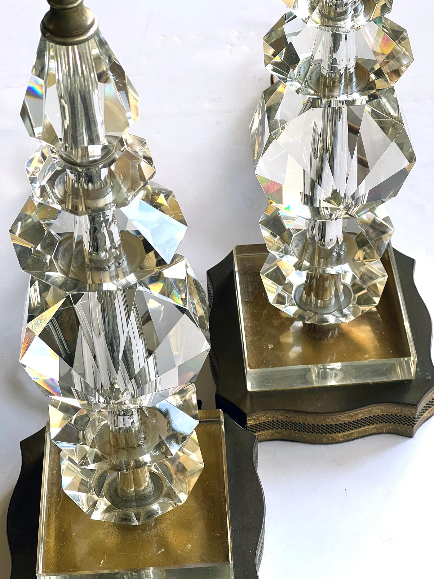 Quality Pair of French 1950's Stacked Crystal Boudoir Lamps For Sale 2