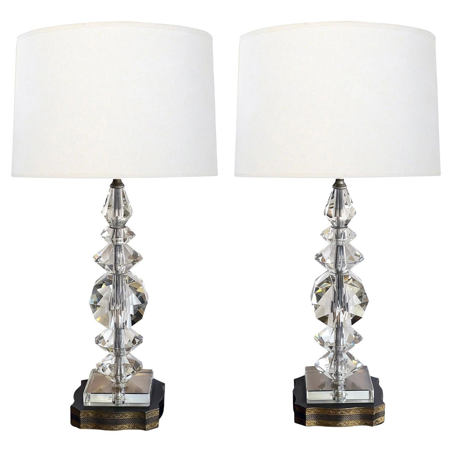 Quality Pair of French 1950's Stacked Crystal Boudoir Lamps For Sale