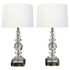 Retro Quality Pair of French 1950's Stacked Crystal Boudoir Lamps