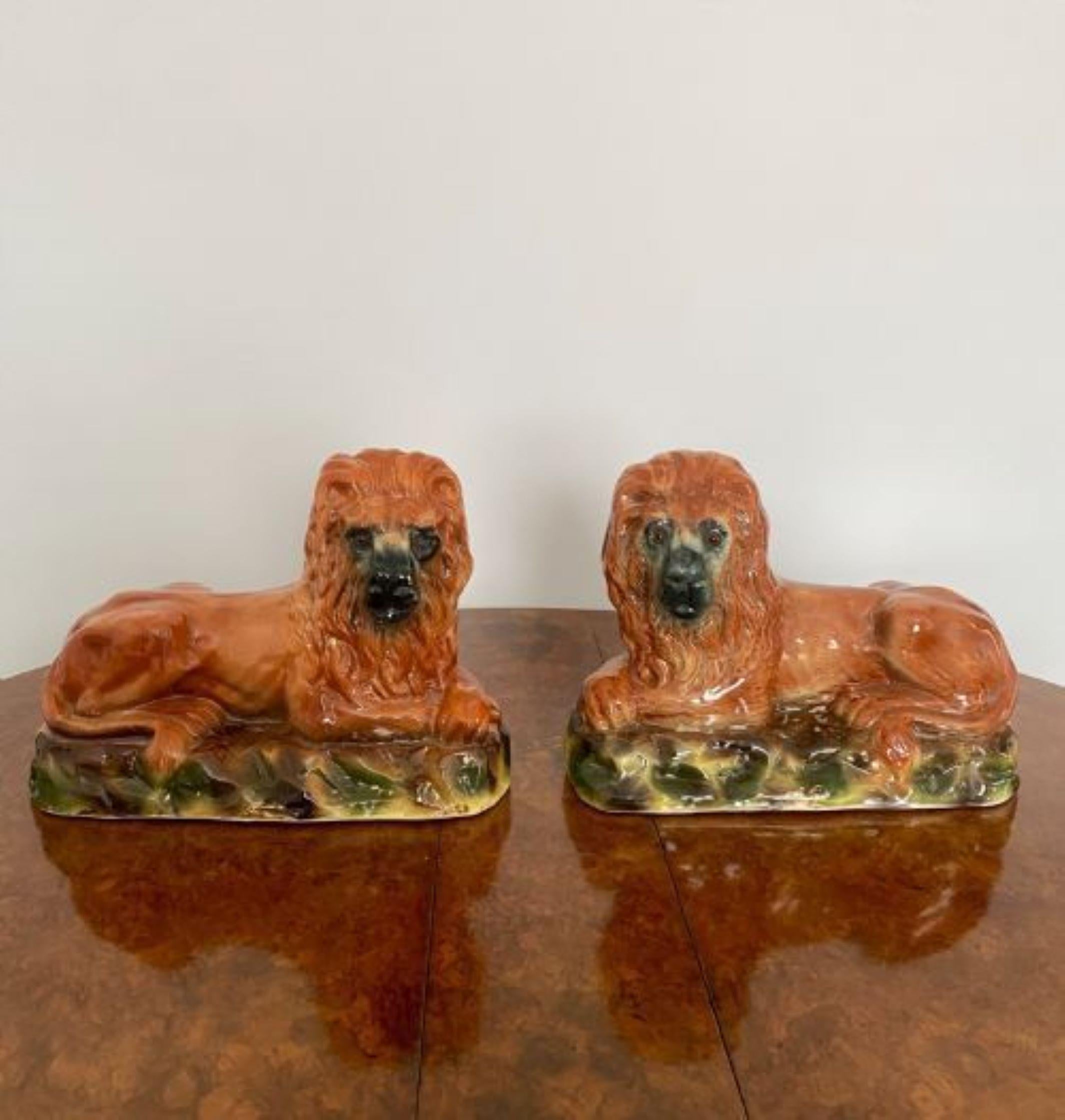 19th Century Quality pair of large antique Victorian Staffordshire lions For Sale