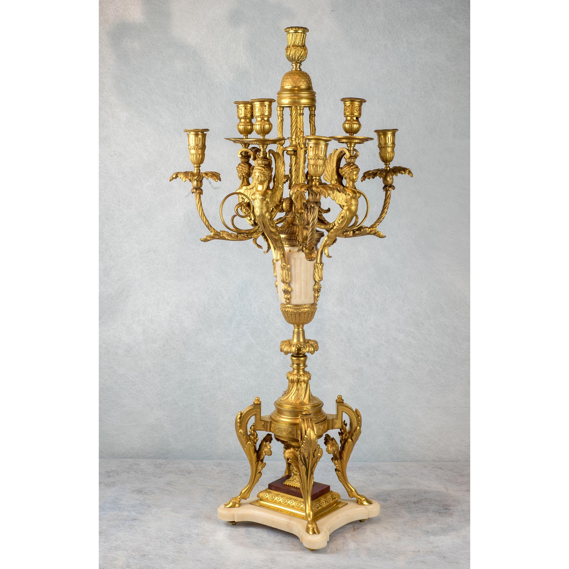 French Quality Pair of Louis XVI Style Gilt Bronze and Marble Eight-Light Candelabras For Sale