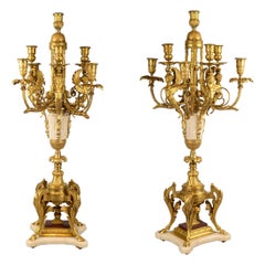 Antique Quality Pair of Louis XVI Style Gilt Bronze and Marble Eight-Light Candelabras