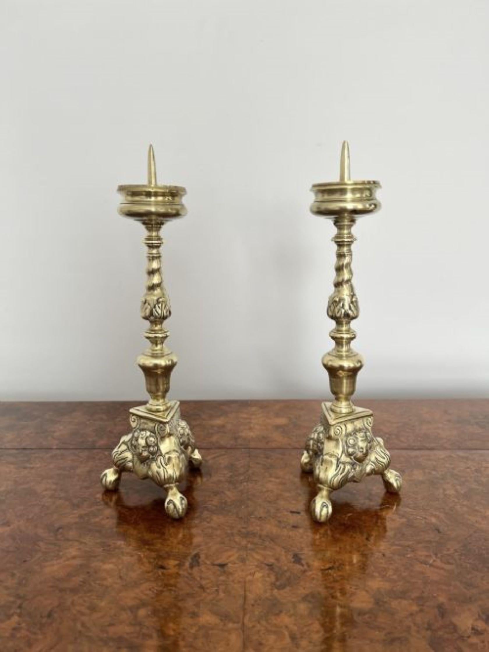 Quality Pair of Unusual Antique Victorian Ornate Brass Pricket Candlestick In Good Condition For Sale In Ipswich, GB