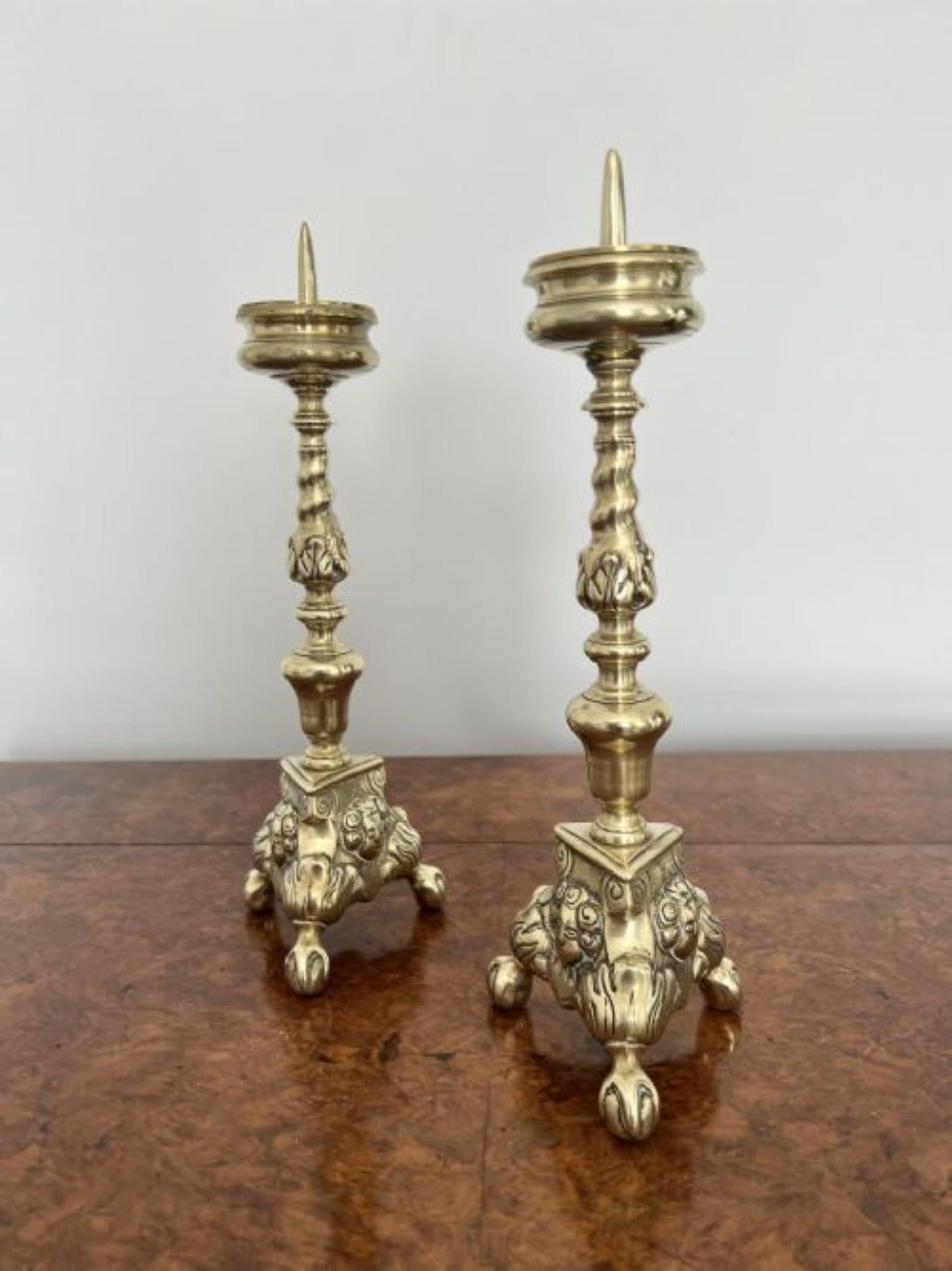 19th Century Quality Pair of Unusual Antique Victorian Ornate Brass Pricket Candlestick For Sale