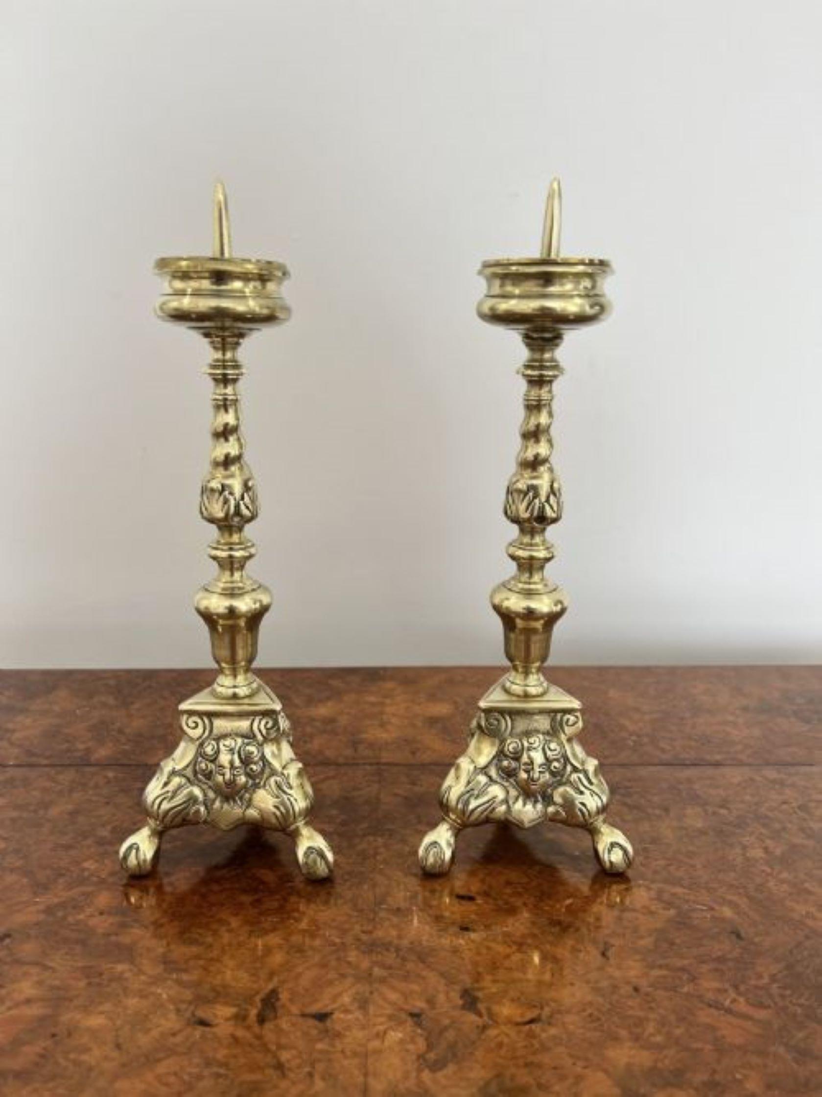 Quality Pair of Unusual Antique Victorian Ornate Brass Pricket Candlestick For Sale 1