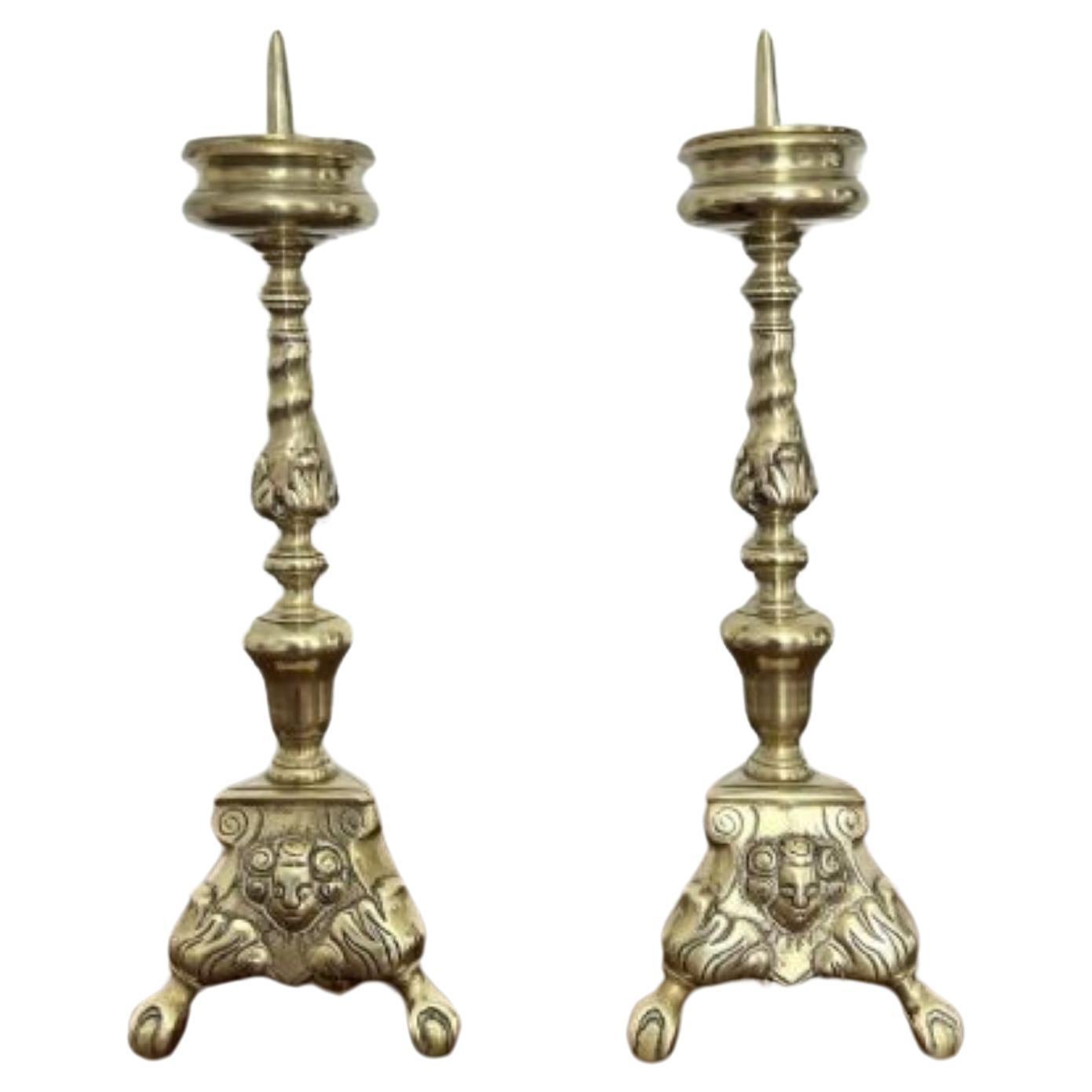 Quality Pair of Unusual Antique Victorian Ornate Brass Pricket Candlestick