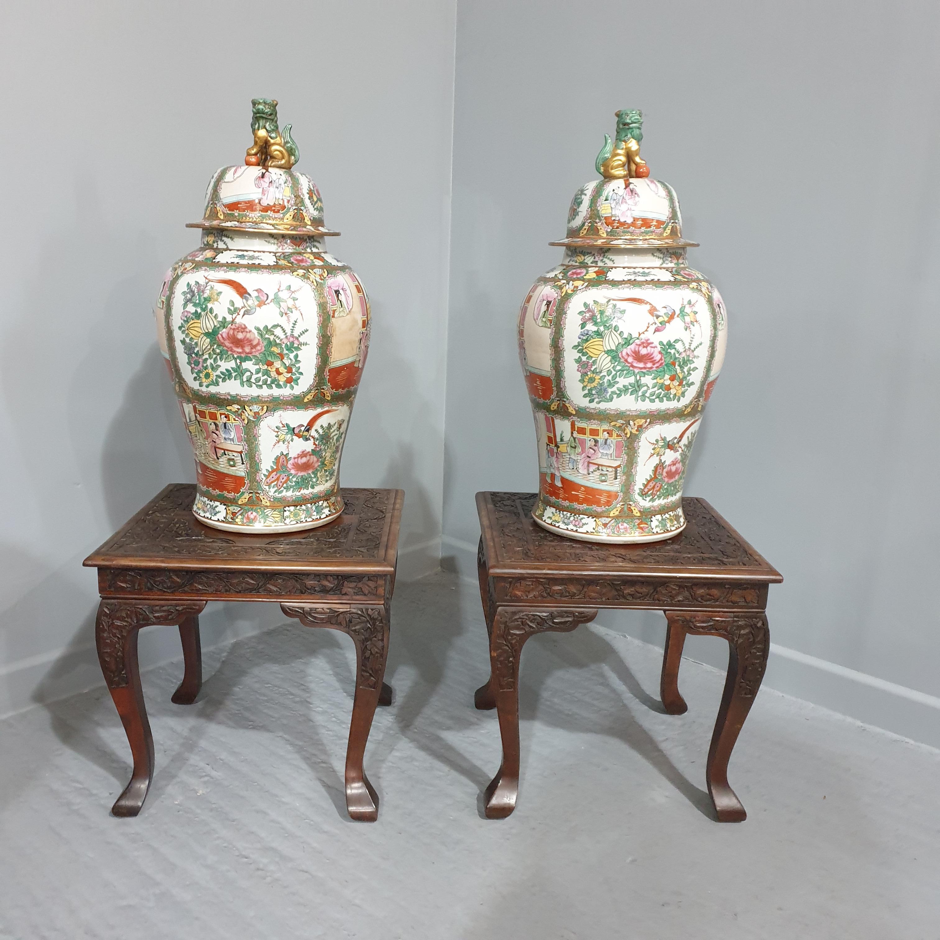 Super quality pair Oriental padouk low tables with associated large Cantonese  temple jars with covers, in overall excellent condition.