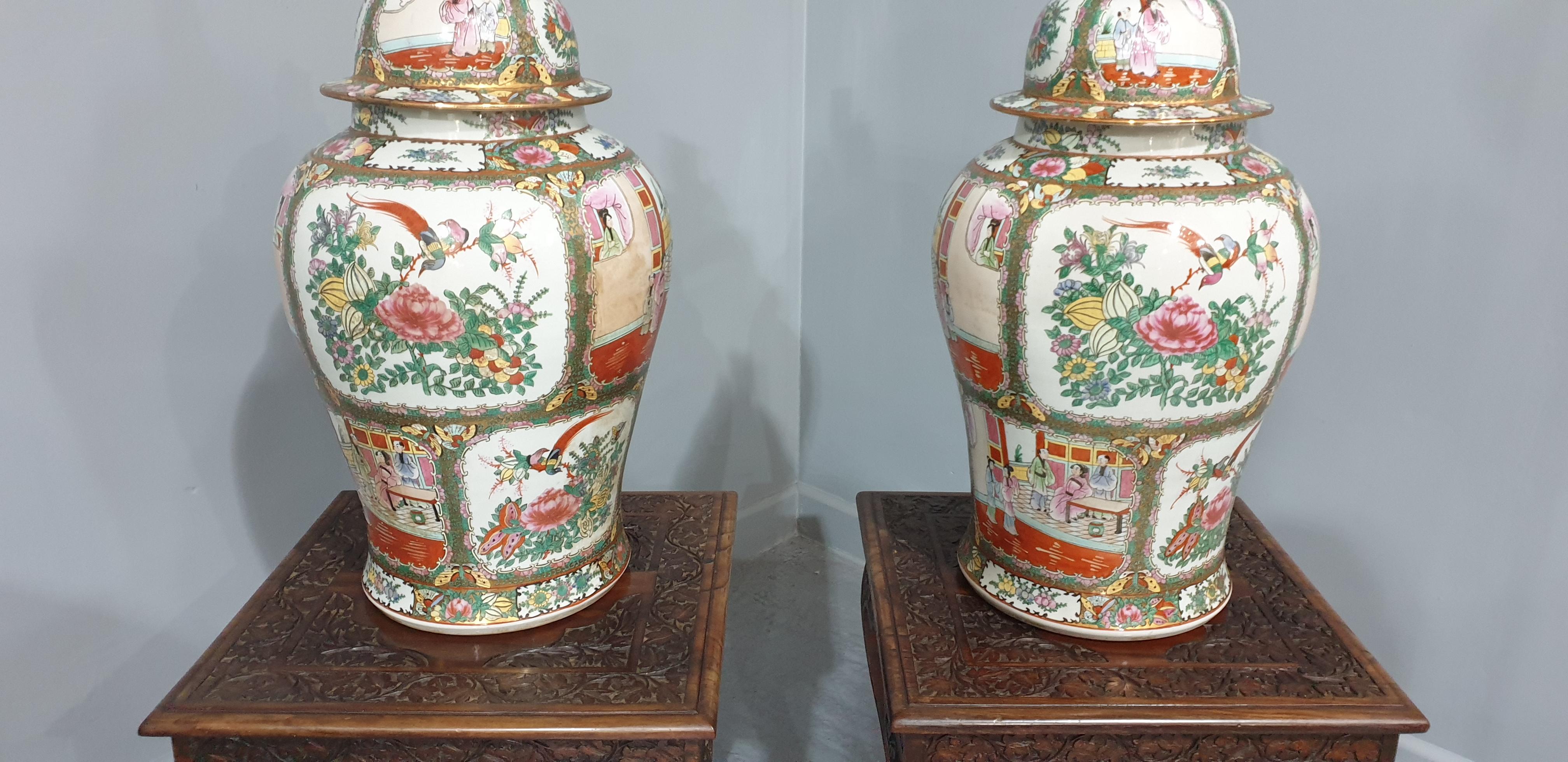 Chinese Export Quality Pair Padouk Tables with Temple Jars For Sale