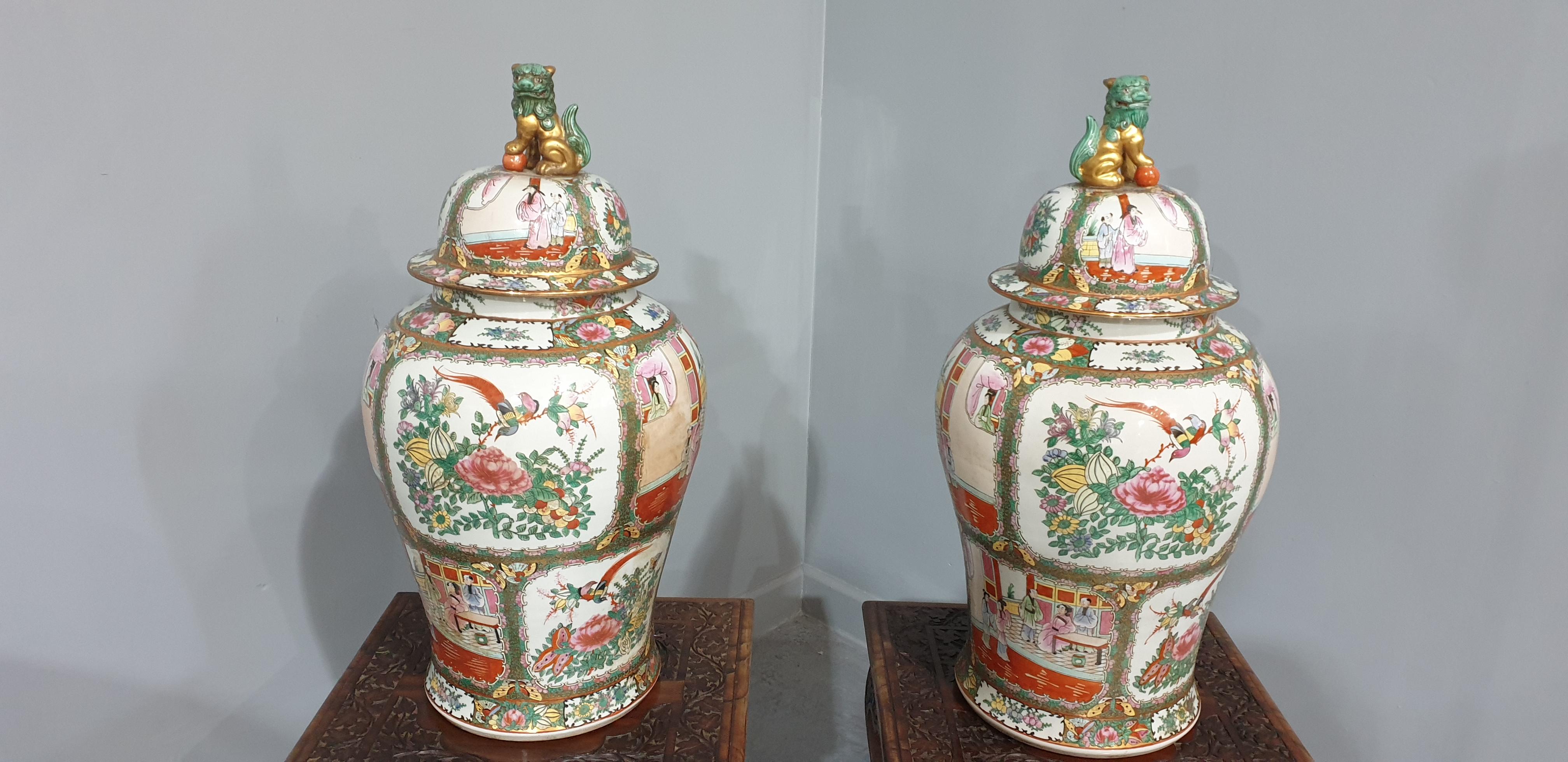 Chinese Quality Pair Padouk Tables with Temple Jars For Sale