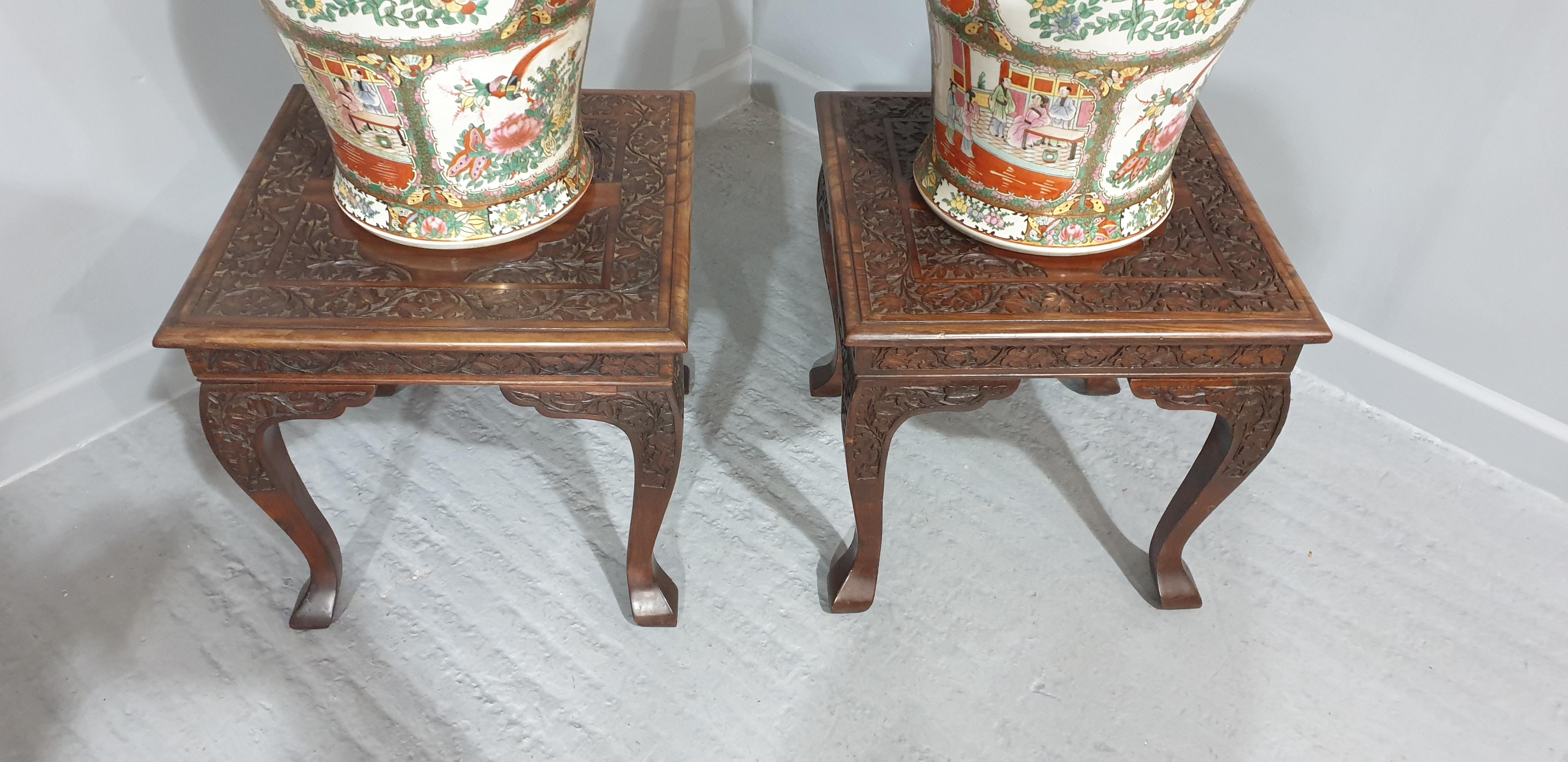19th Century Quality Pair Padouk Tables with Temple Jars For Sale