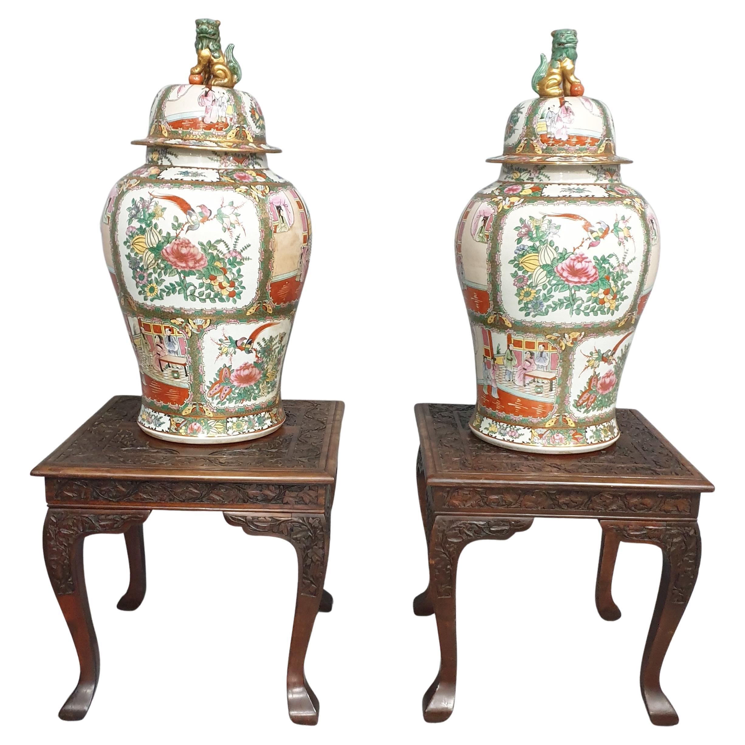 Quality Pair Padouk Tables with Temple Jars For Sale