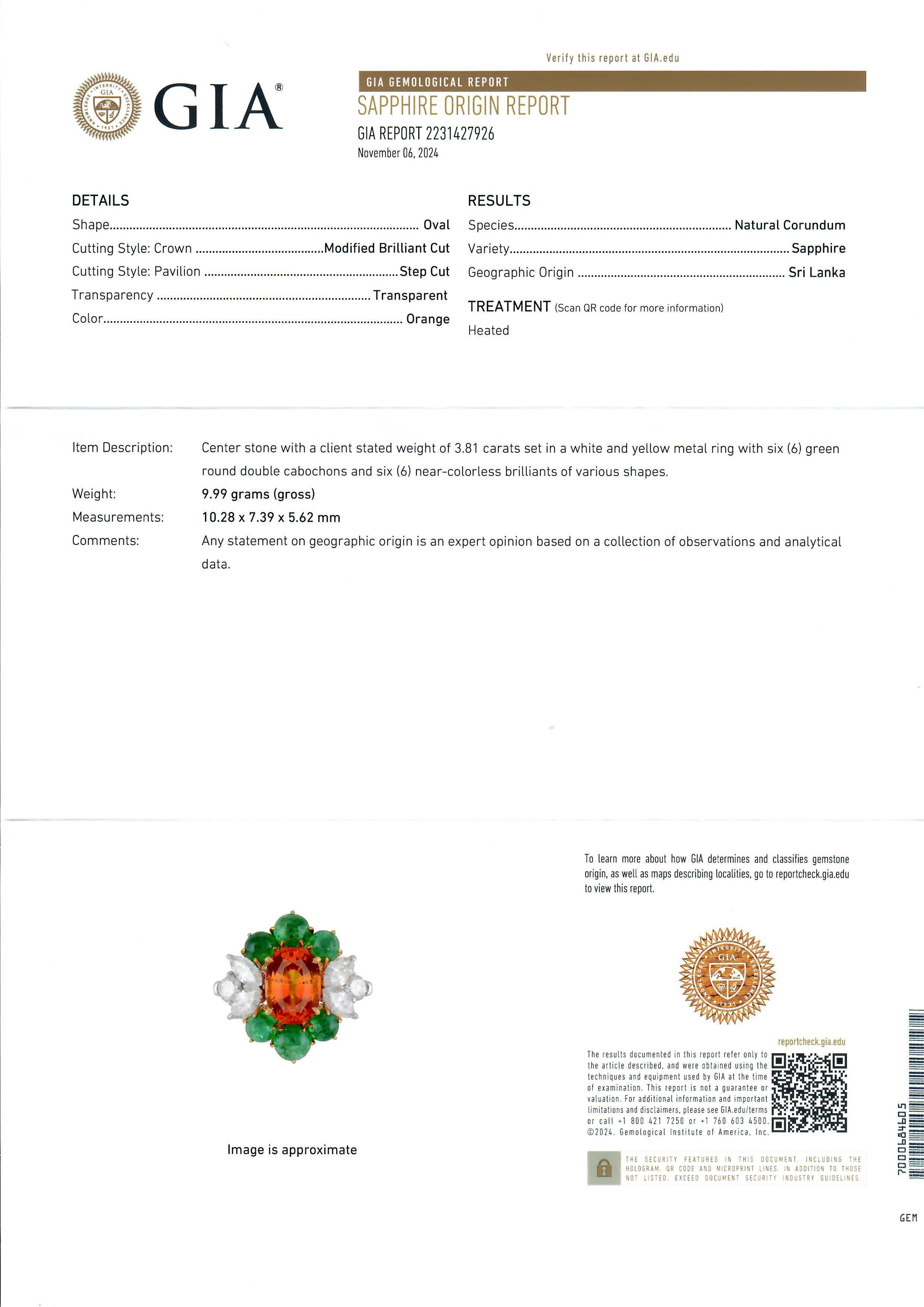 Platin Gold GIA 7,73 Karatw Vivid Orange Saphir Smaragd Diamantring in Qualität Platin im Angebot 5
