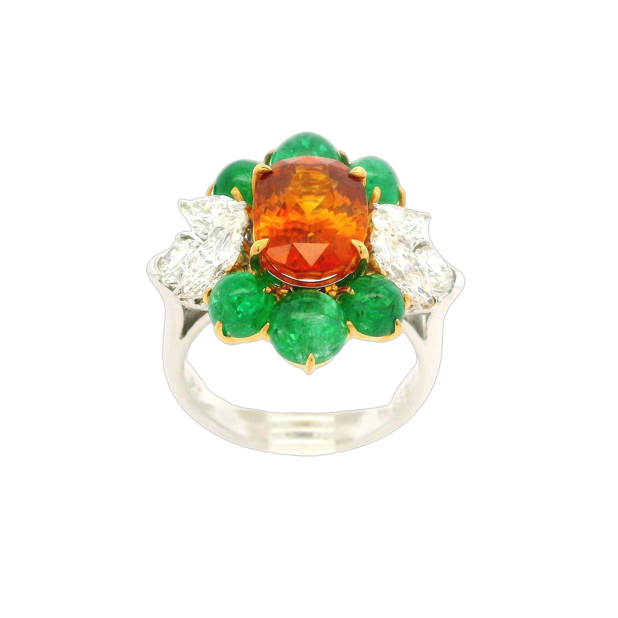 Platin Gold GIA 7,73 Karatw Vivid Orange Saphir Smaragd Diamantring in Qualität Platin im Angebot 1