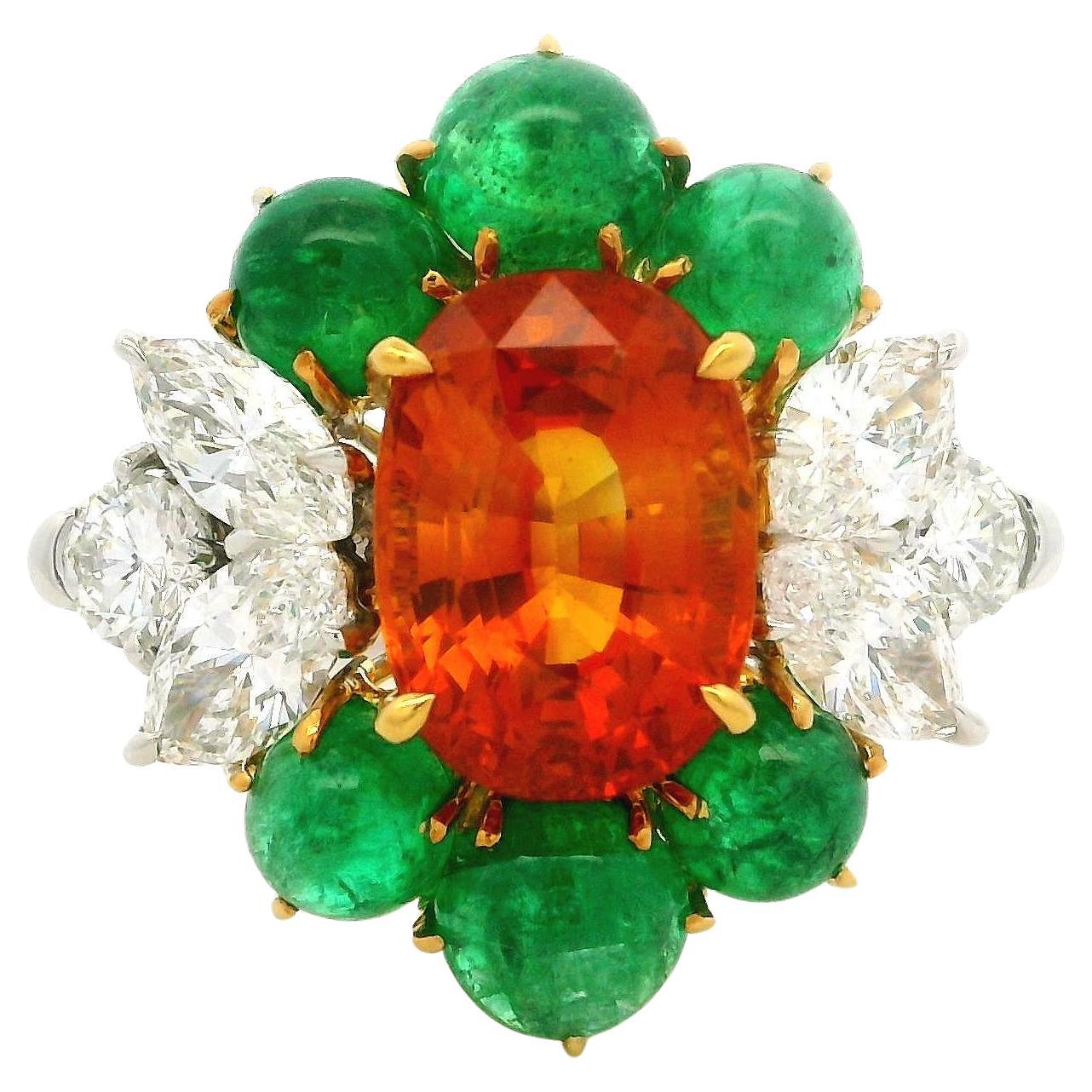 Quality Platinum Gold GIA 7.73ctw Vivid Orange Sapphire Emerald Diamond Ring