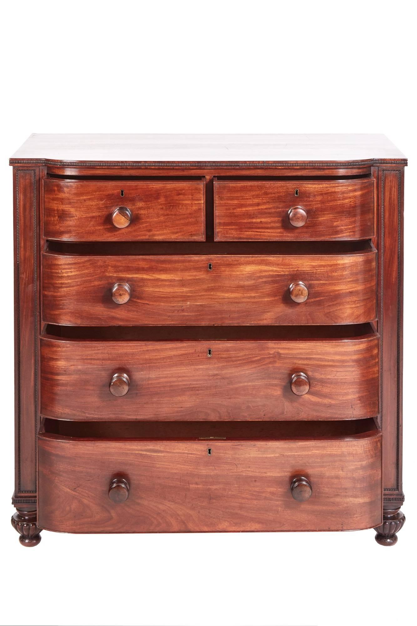 Quality Regency mahogany d shaped front chest of drawers, having a fantastic mahogany top, two short and three long drawers with original turned mahogany knobs, standing on shaped reeded turned feet.
Fantastic color and condition.
Measures: 43