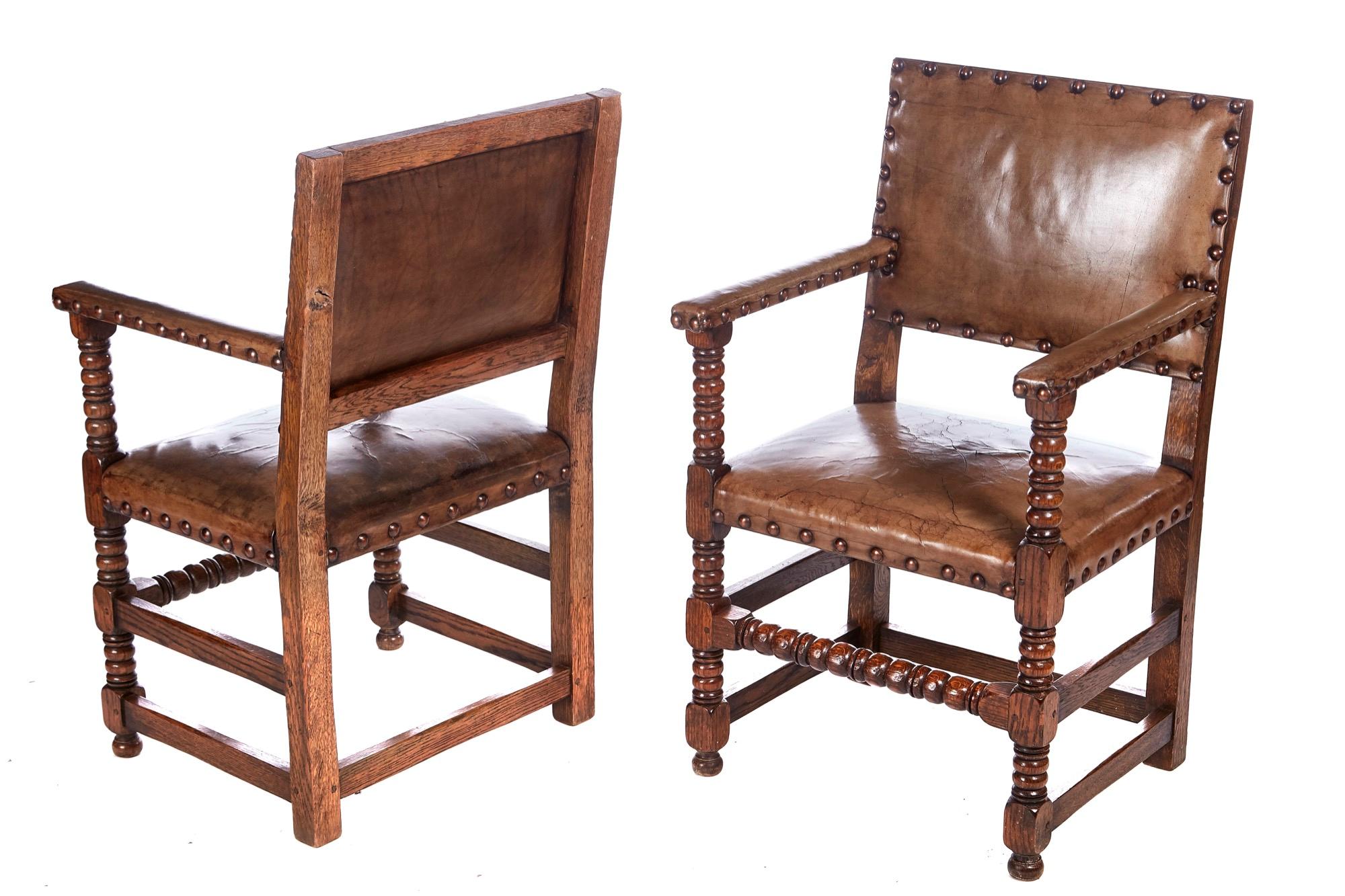 Victorian Quality Set of 6 Leather and Oak Dining Chairs