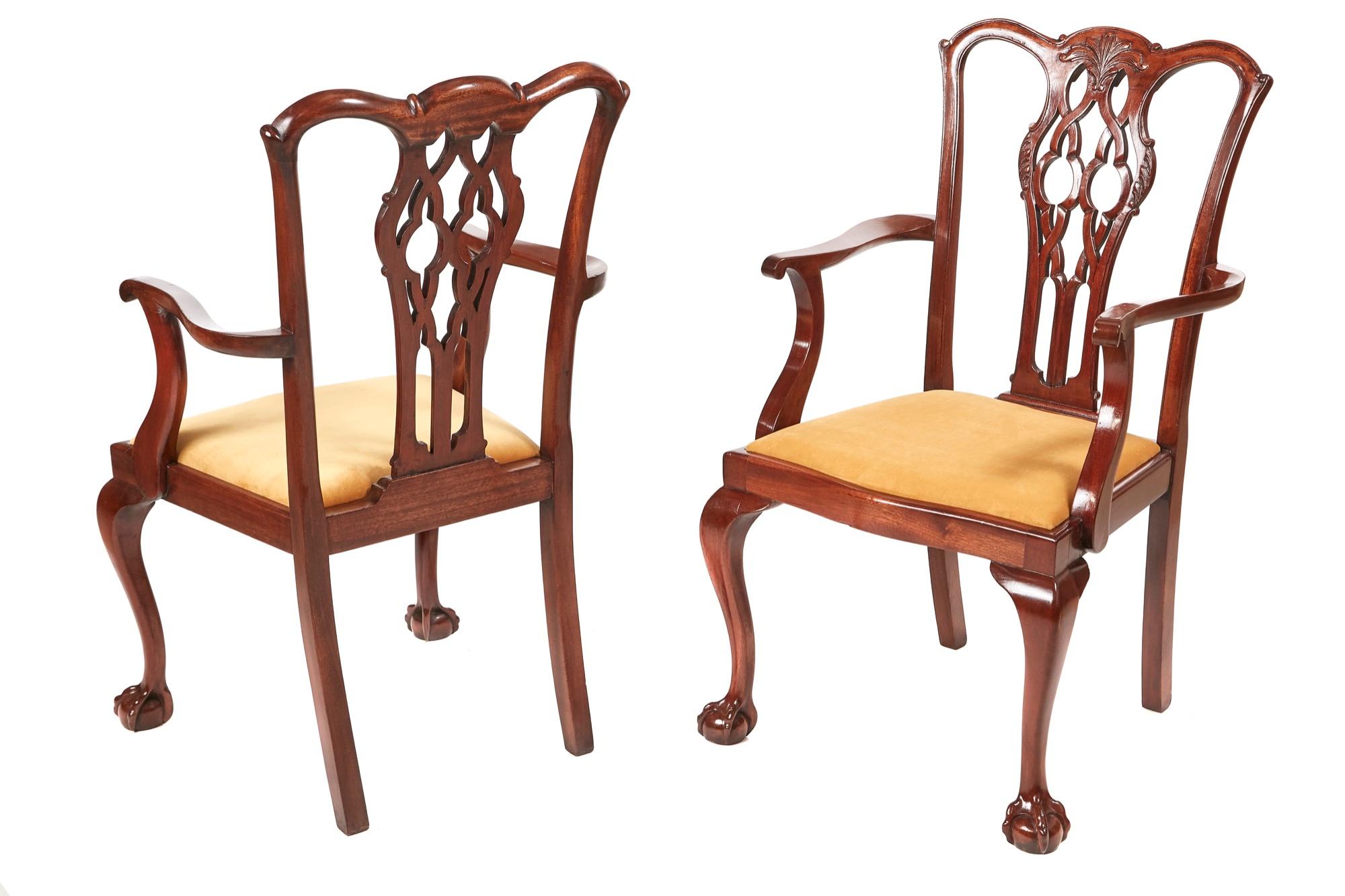 Quality set of 6 mahogany chippendale style dining chairs, having lovely carved shaped tops, with shaped pierced backs, newly recovered drop in seats, lovely shaped arms to the carver chairs, standing on claw and ball legs to the front outswept back