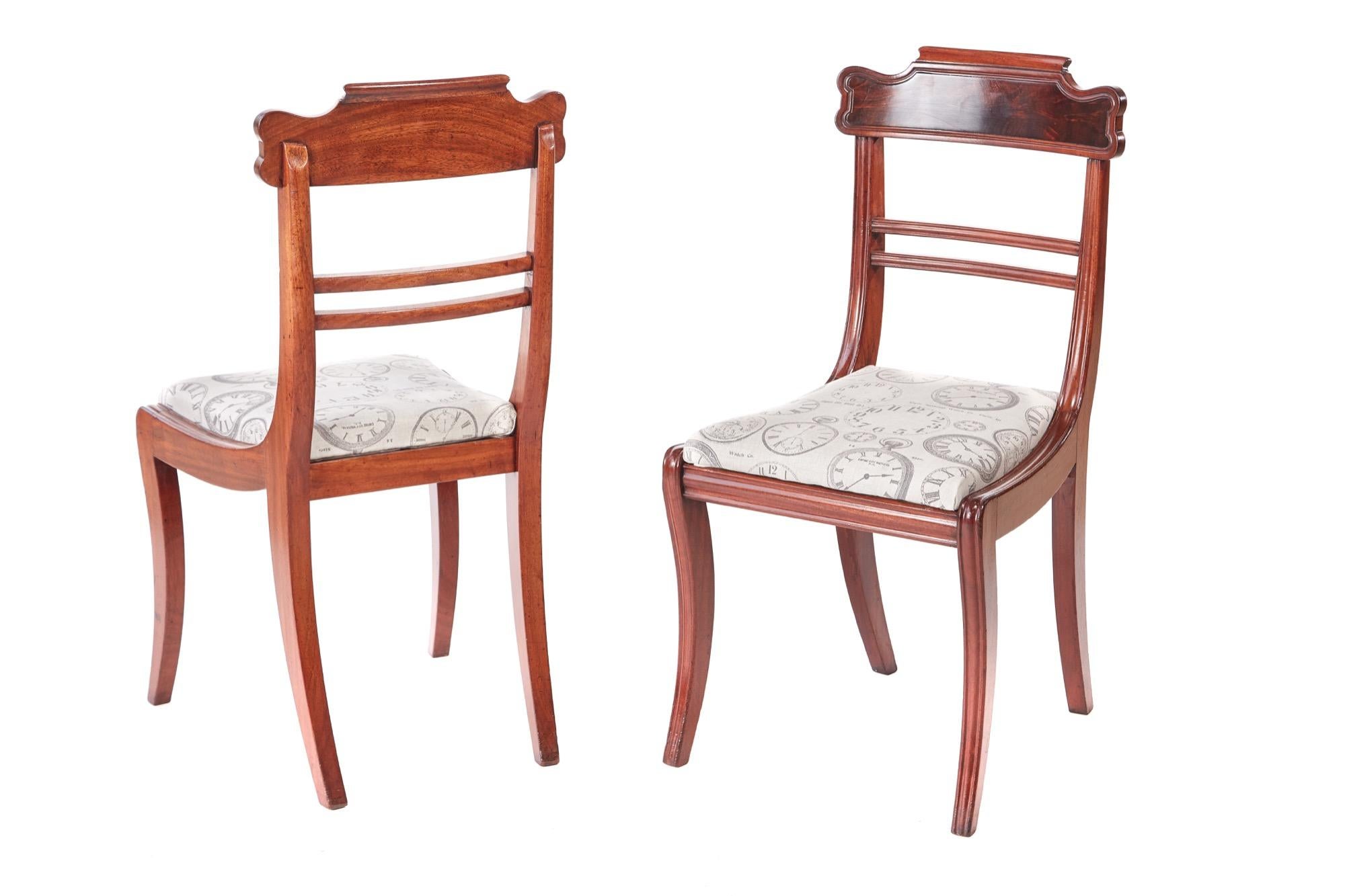 Quality set of four regency mahogany dining chairs,having a shaped flame mahogany top rail with a reeded edge,reeded centre rails,newly re-upholstered drop in seats,standing on reeded sabre legs to the front outswept back legs
Lovely colour and