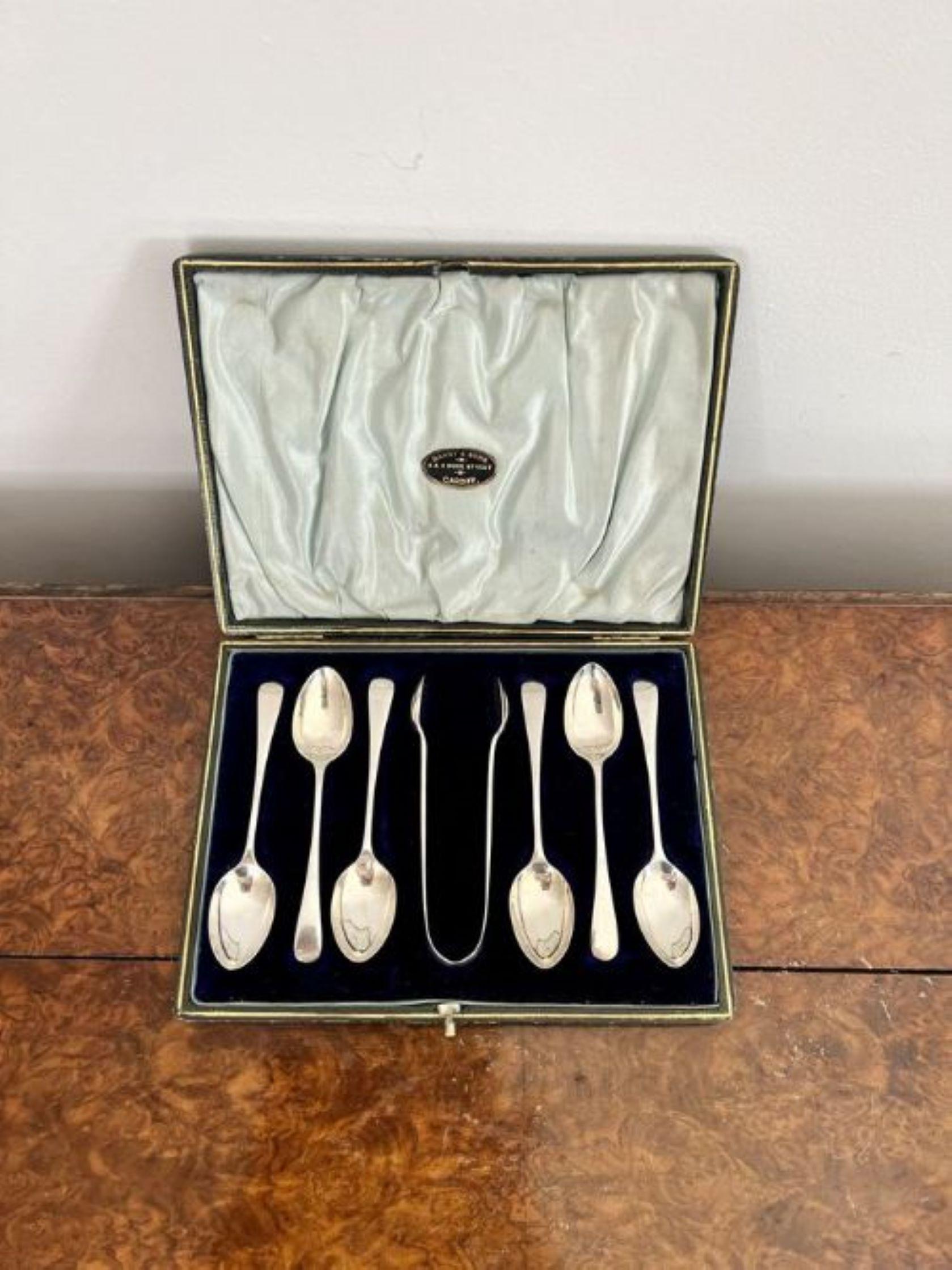 19th Century Quality set of silver antique Victorian tea spoons and sugar tongs  For Sale