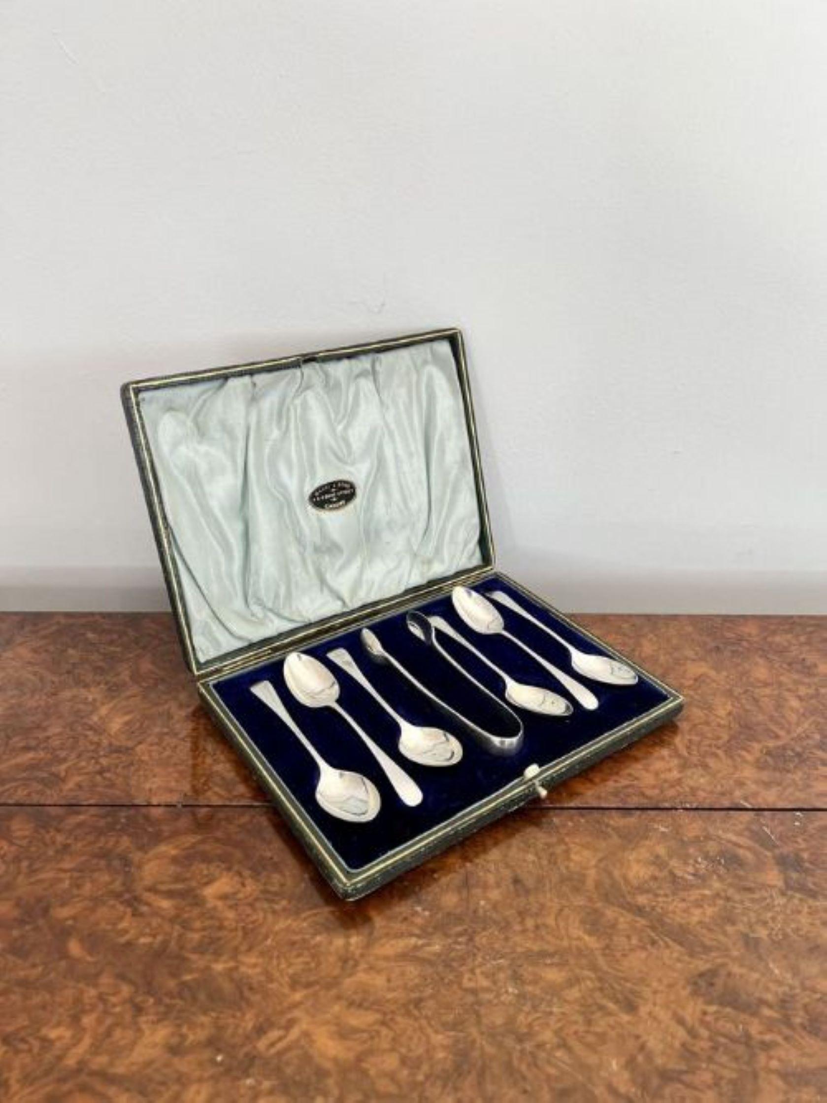 Silver Quality set of silver antique Victorian tea spoons and sugar tongs  For Sale
