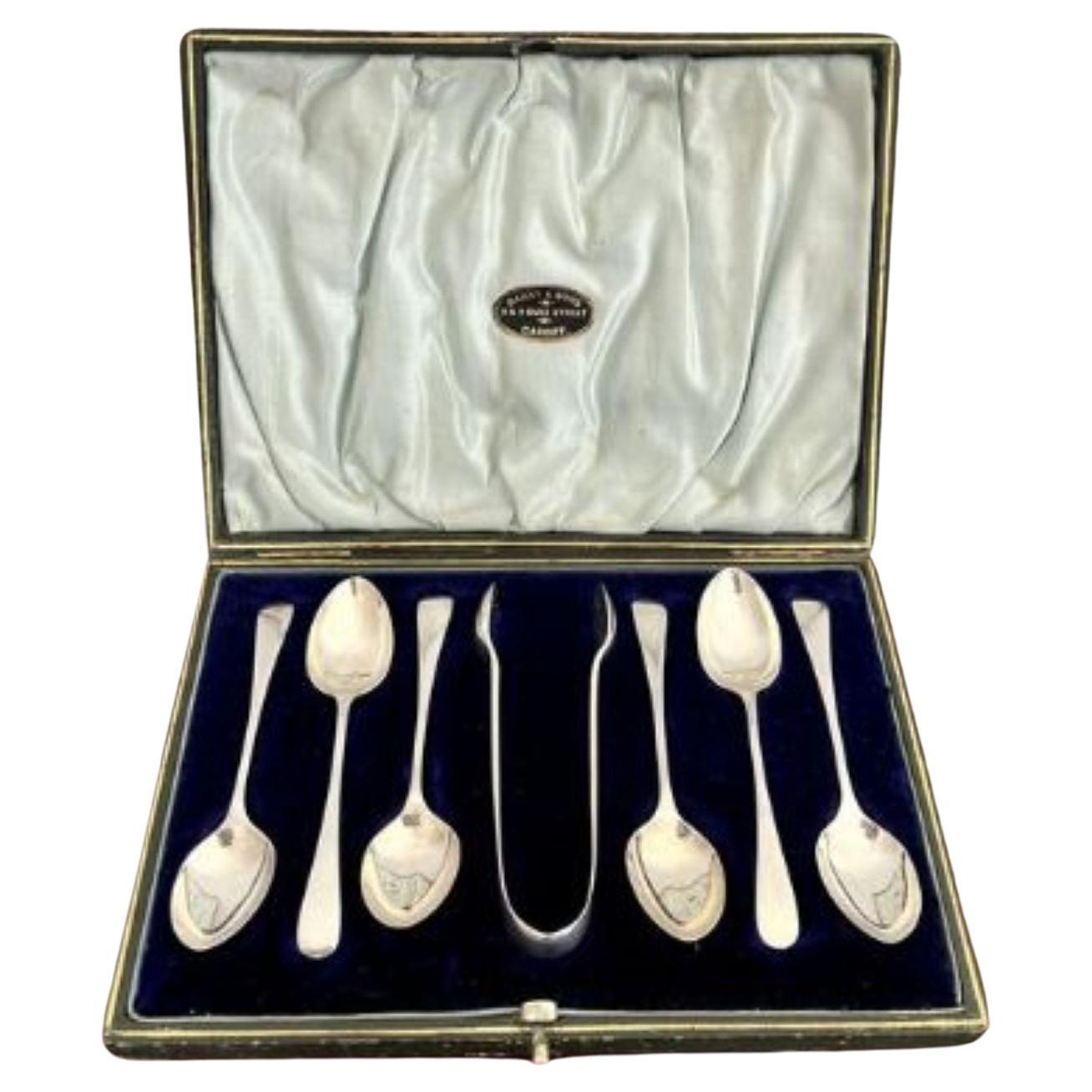 Quality set of silver antique Victorian tea spoons and sugar tongs  For Sale