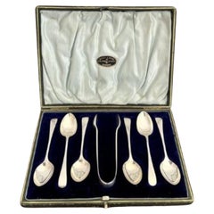 Quality set of silver antique Victorian tea spoons and sugar tongs 