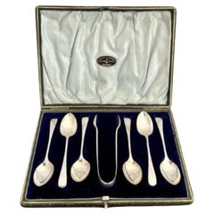 Quality set of silver Antique Victorian tea spoons and sugar tongs 