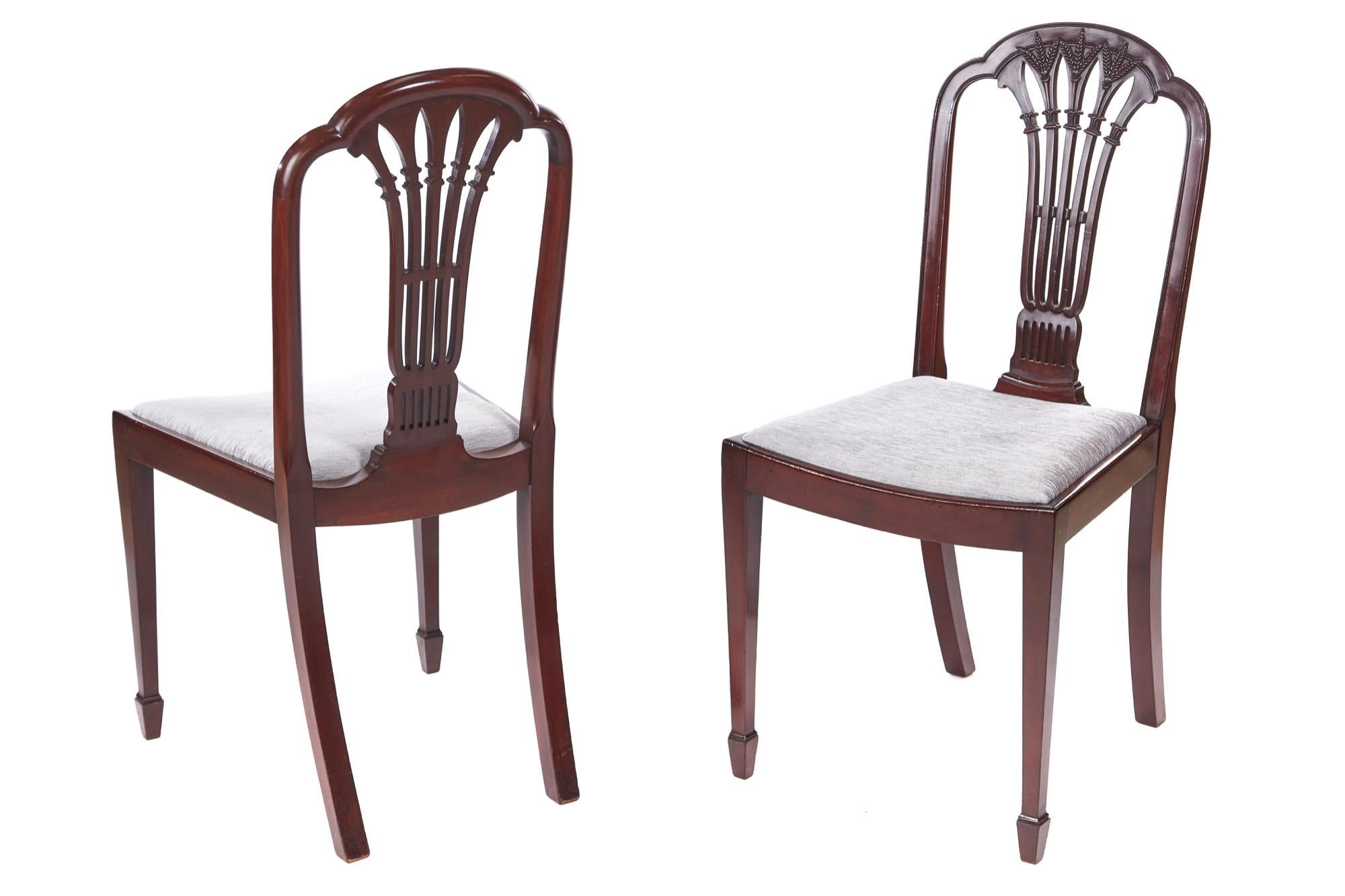 Quality set of six antique mahogany dining chairs with a lovely tall back, carved shaped top lovely carved open splat to the centre, newly recovered drop in seats, standing on tapering square front legs with spade feet outswept back legs.
