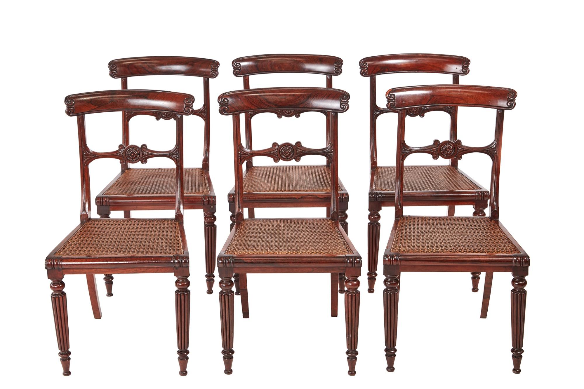 Quality set of six antique William IV hardwood dining chairs with an elegant carved shaped top rail, carved centre rail, cane seats standing on turned reeded legs to the front and outswept back legs.

Lovely color and condition.

  