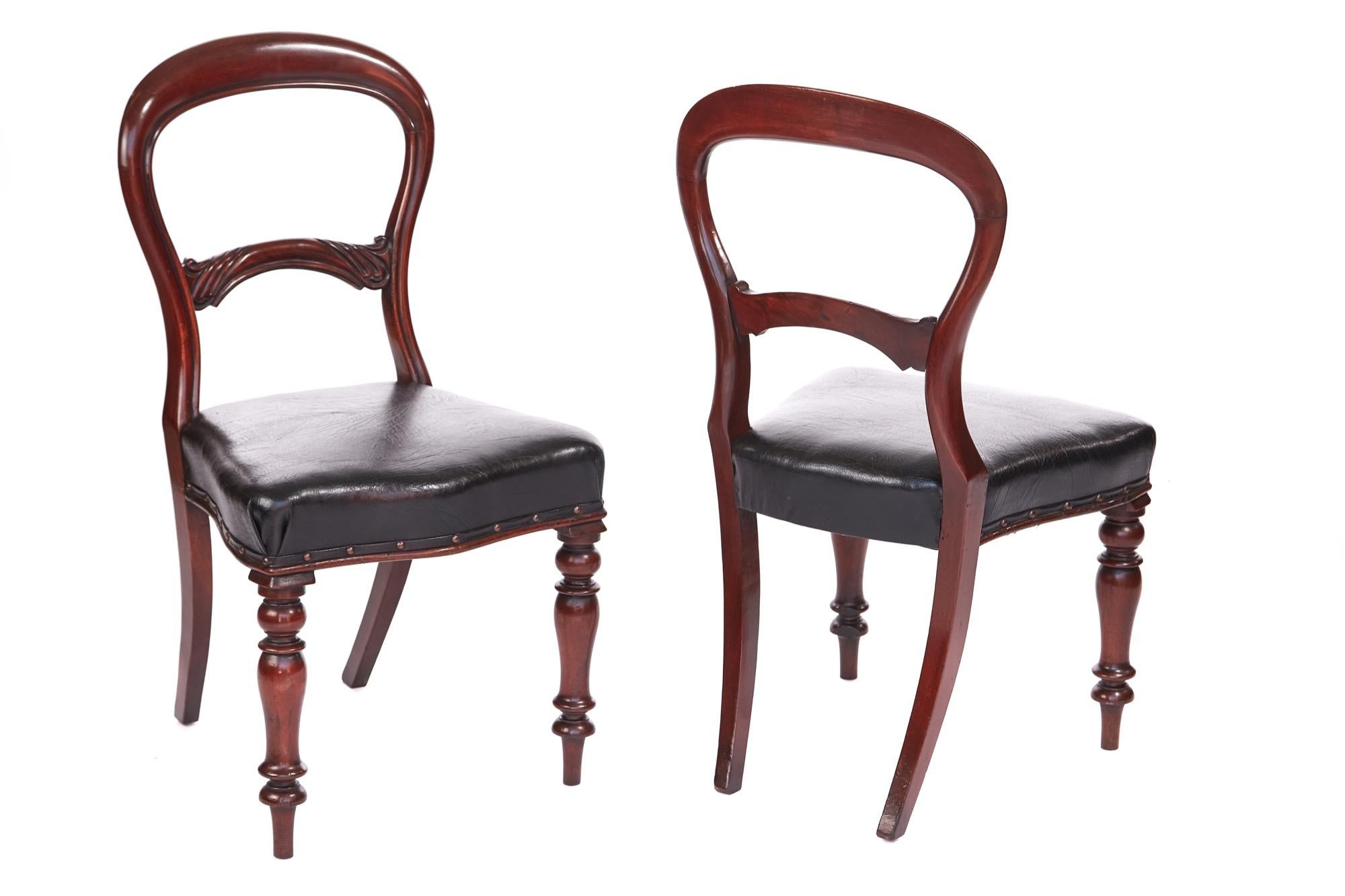Quality set of six Victorian mahogany balloon back chairs, the circular backs have beautifully carved lower rails standing on shaped front legs and outswept legs to the back. Rich in colour, recently polished and re-upholsterd.

Measures: Seats W