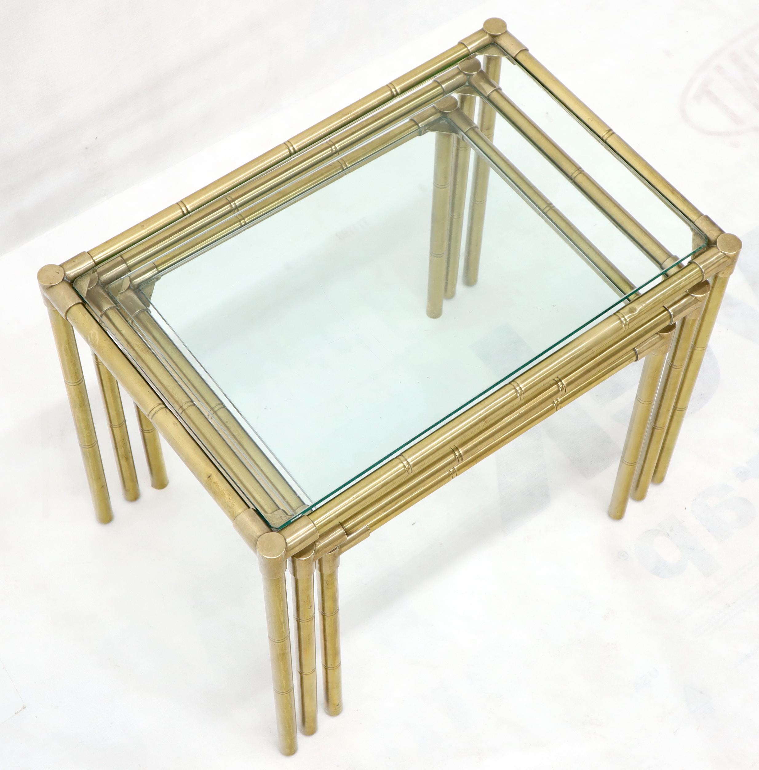 Polished Quality Solid Brass Faux Bamboo Italian Mid Modern Nesting Tables For Sale