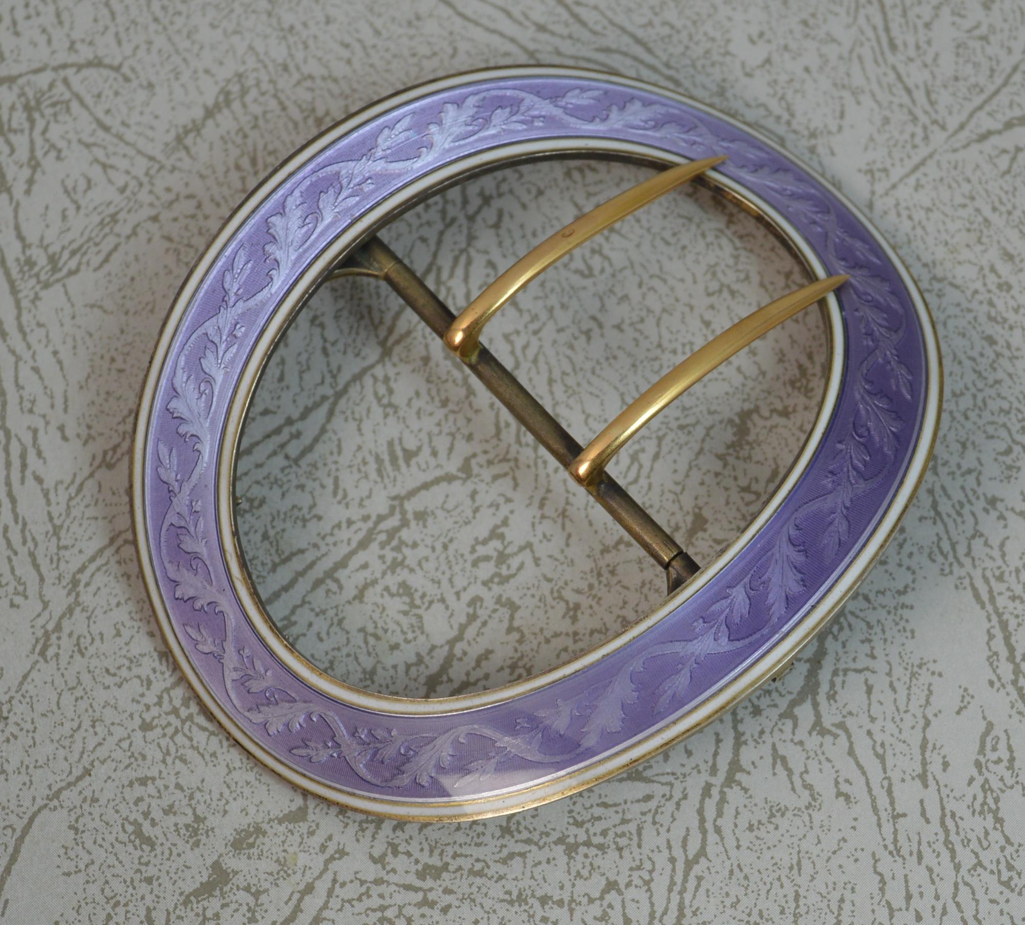 Quality Sterling Silver 18 Carat Gold and Lilac Guilloche Enamel Buckle In Good Condition In St Helens, GB